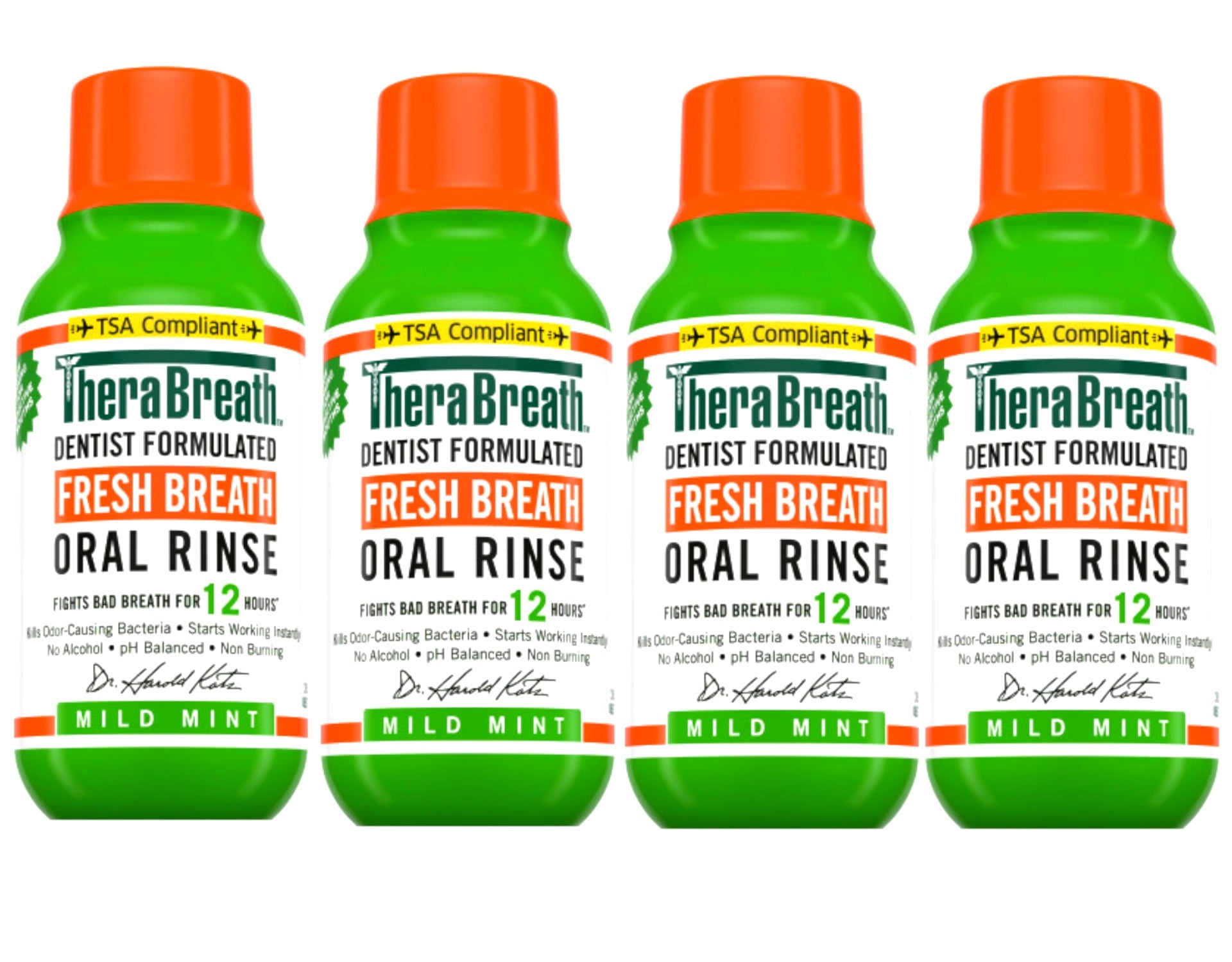 4 Pack - TheraBreath Fresh Breath Mouthwash, Mild Mint, Alcohol-Free, Travel Size, 3 fl oz