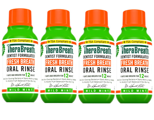 4 Pack - TheraBreath Fresh Breath Mouthwash, Mild Mint, Alcohol-Free, Travel Size, 3 fl oz