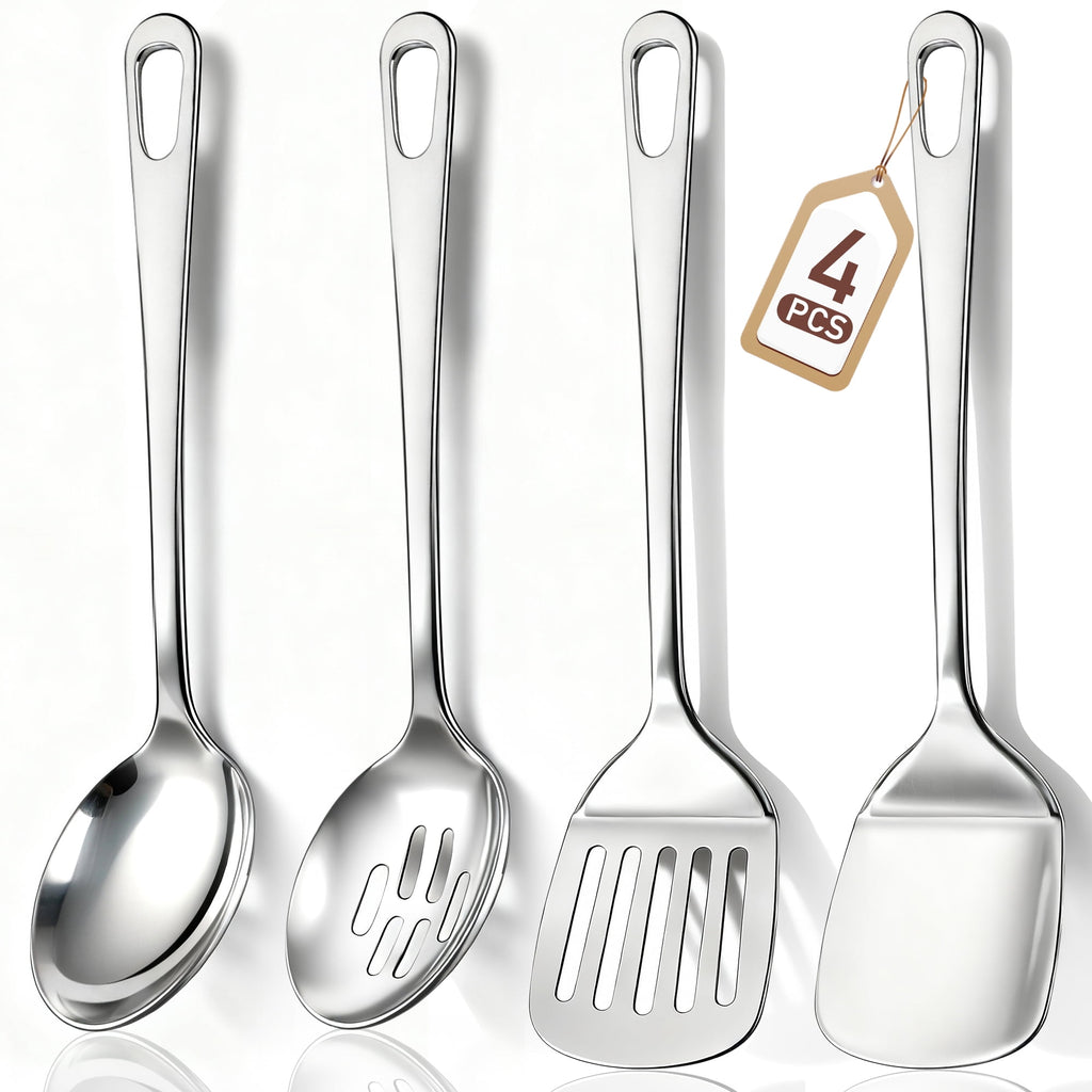 4 Pcs Cooking Utensils Set, Stainless Steel Kitchen Utensils, Kitchen Tools Set Include Solid &amp; Slotted Turner Wok Spatula, Serving Spoon, Home Essentials Kitchen Gadgets Accessories