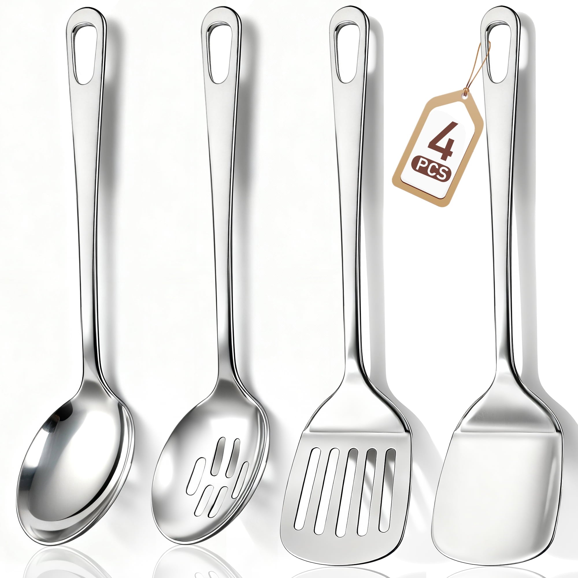4 Pcs Cooking Utensils Set, Stainless Steel Kitchen Utensils, Kitchen Tools Set Include Solid &amp; Slotted Turner Wok Spatula, Serving Spoon, Home Essentials Kitchen Gadgets Accessories