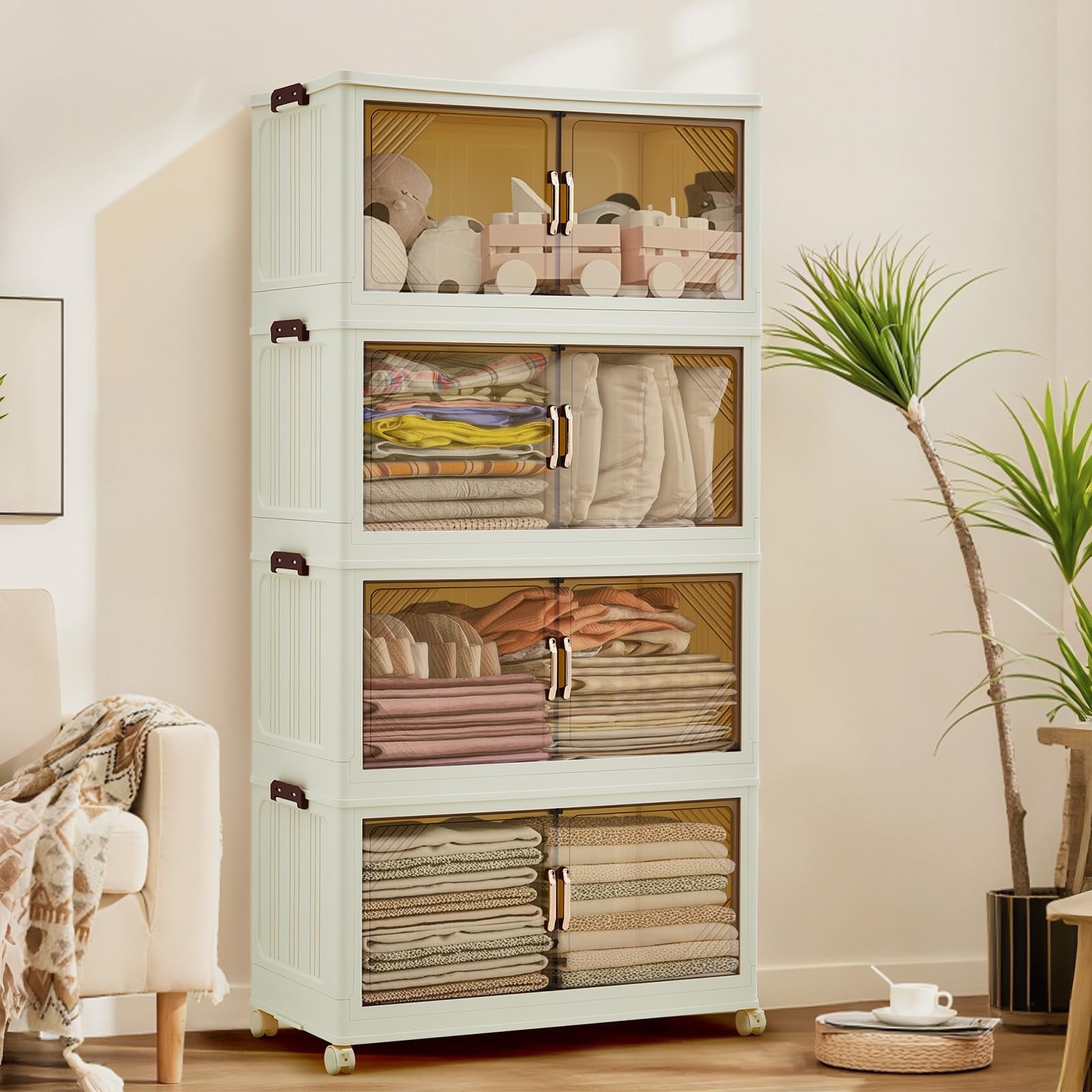 3 Tier Plastic Storage Bins with Lid 48QT, Storage Containers with Wheels, Folding Storage Boxes, with Magnetic Doors for Home,Office, Dorm Room