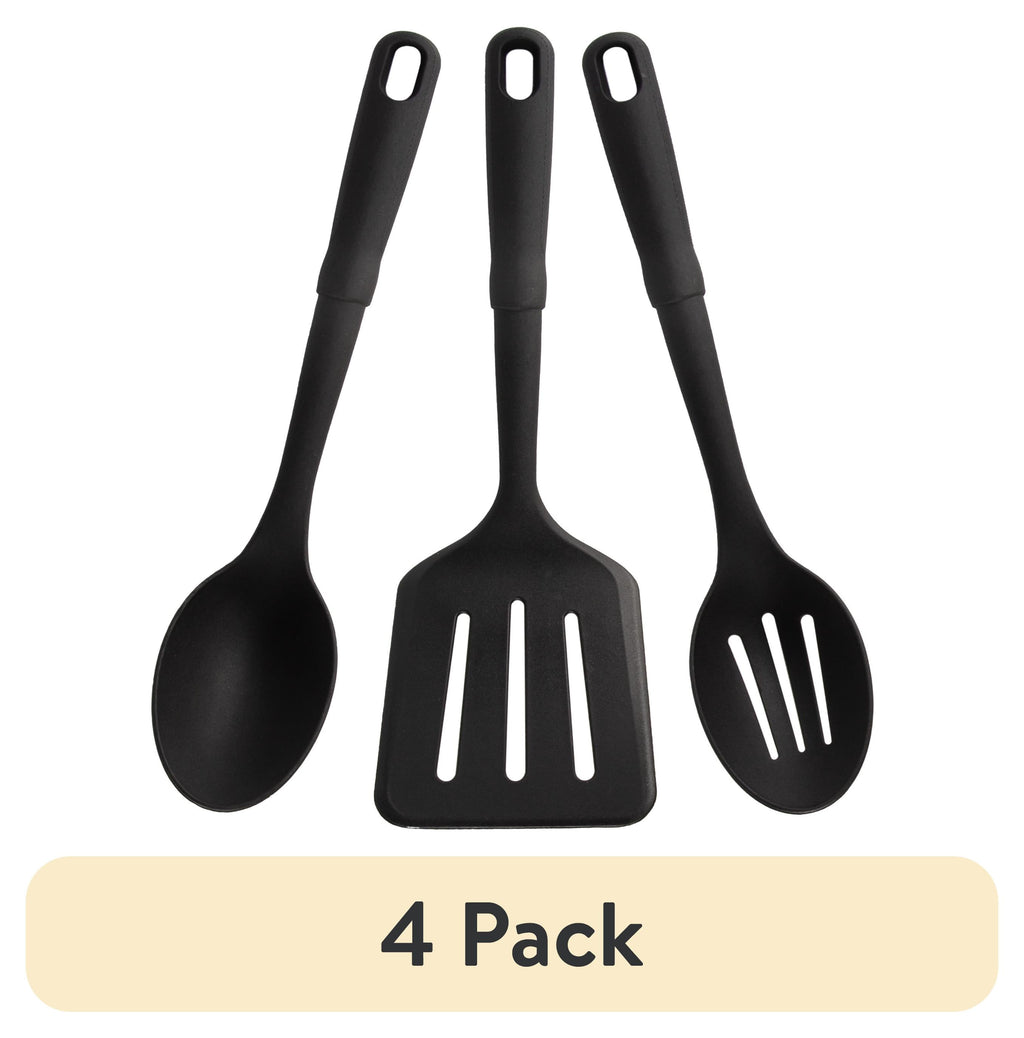 (4 pack) 3-Piece Kitchen Utensil Set, Slotted Spatula, Slotted Spoon and Solid Spoon, Black, Nylon