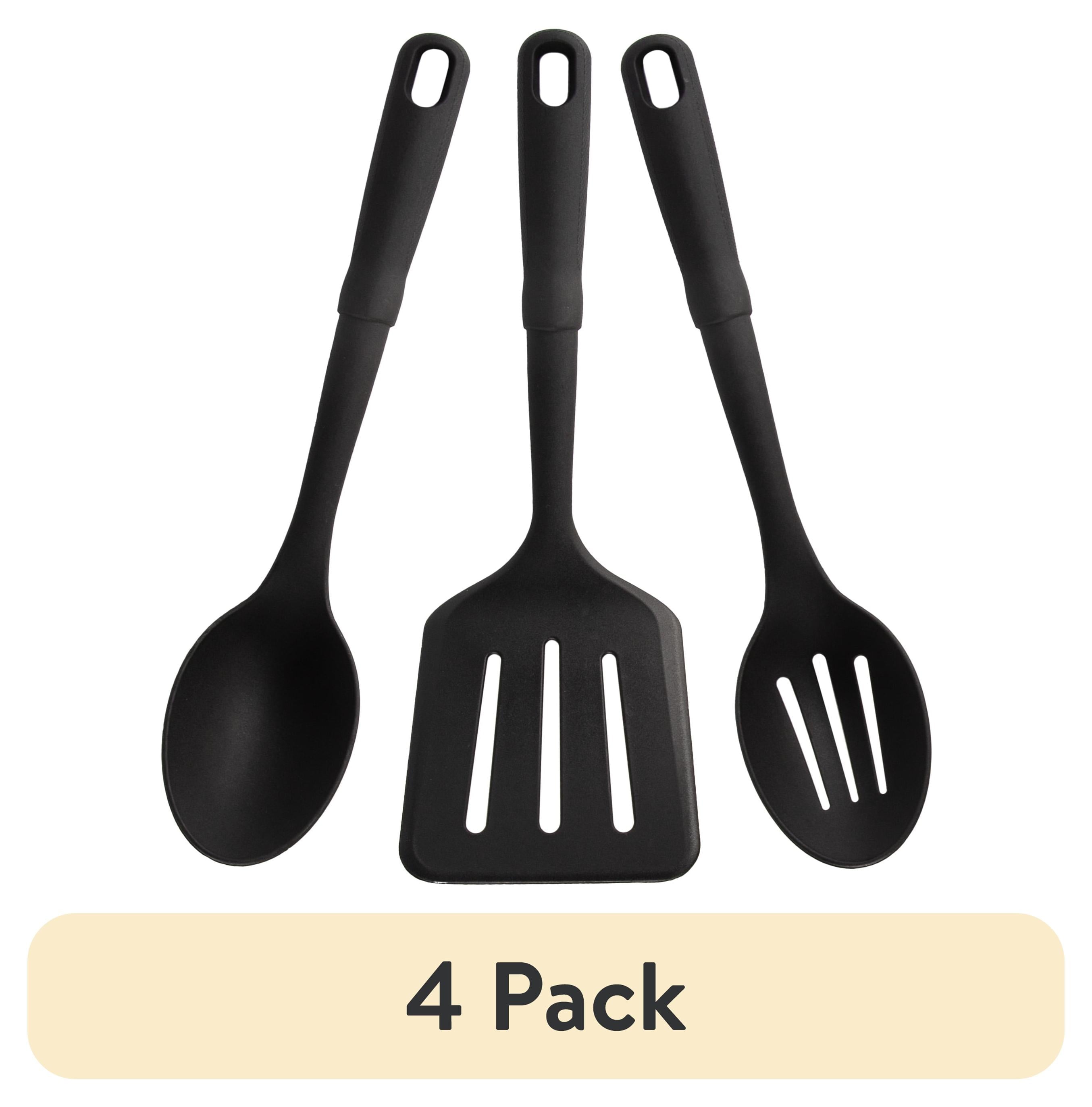 (4 pack) 3-Piece Kitchen Utensil Set, Slotted Spatula, Slotted Spoon and Solid Spoon, Black, Nylon