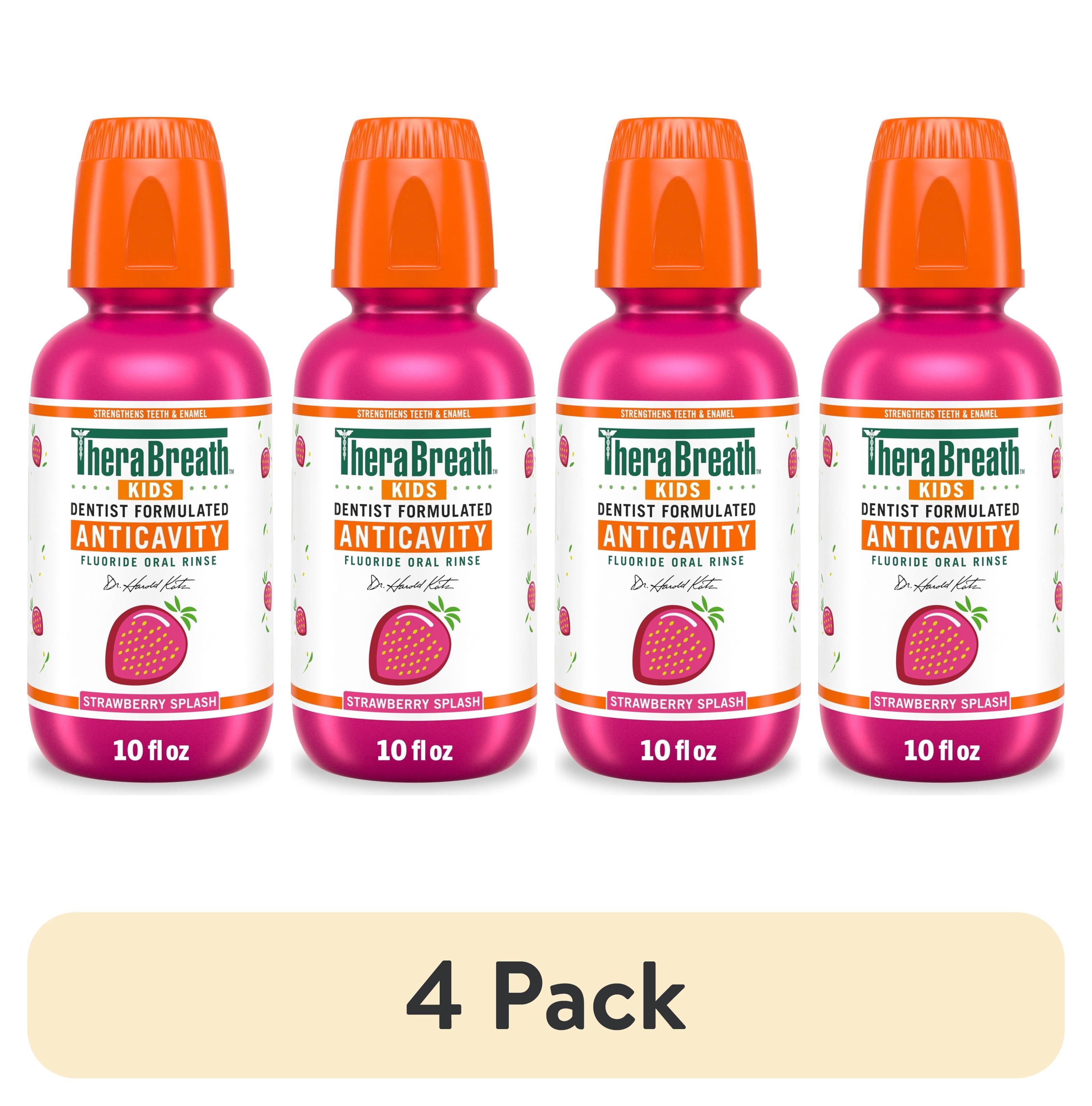 (4 pack) TheraBreath Kids Mouthwash with Fluoride, Organic Strawberry Splash, Anticavity, 10 fl oz