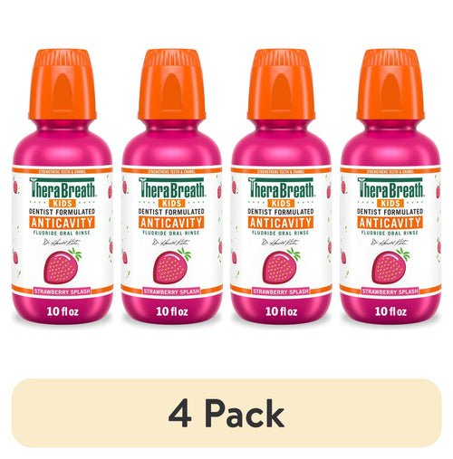 (4 pack) TheraBreath Kids Mouthwash with Fluoride, Organic Strawberry Splash, Anticavity, 10 fl oz