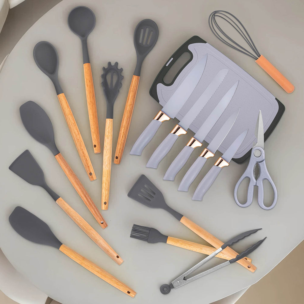 19-Piece Silicone Kitchen Utensil &amp; Knife Set - Heat-Resistant Cooking Tools Non-Stick Safe Gift for Mom or Women Black