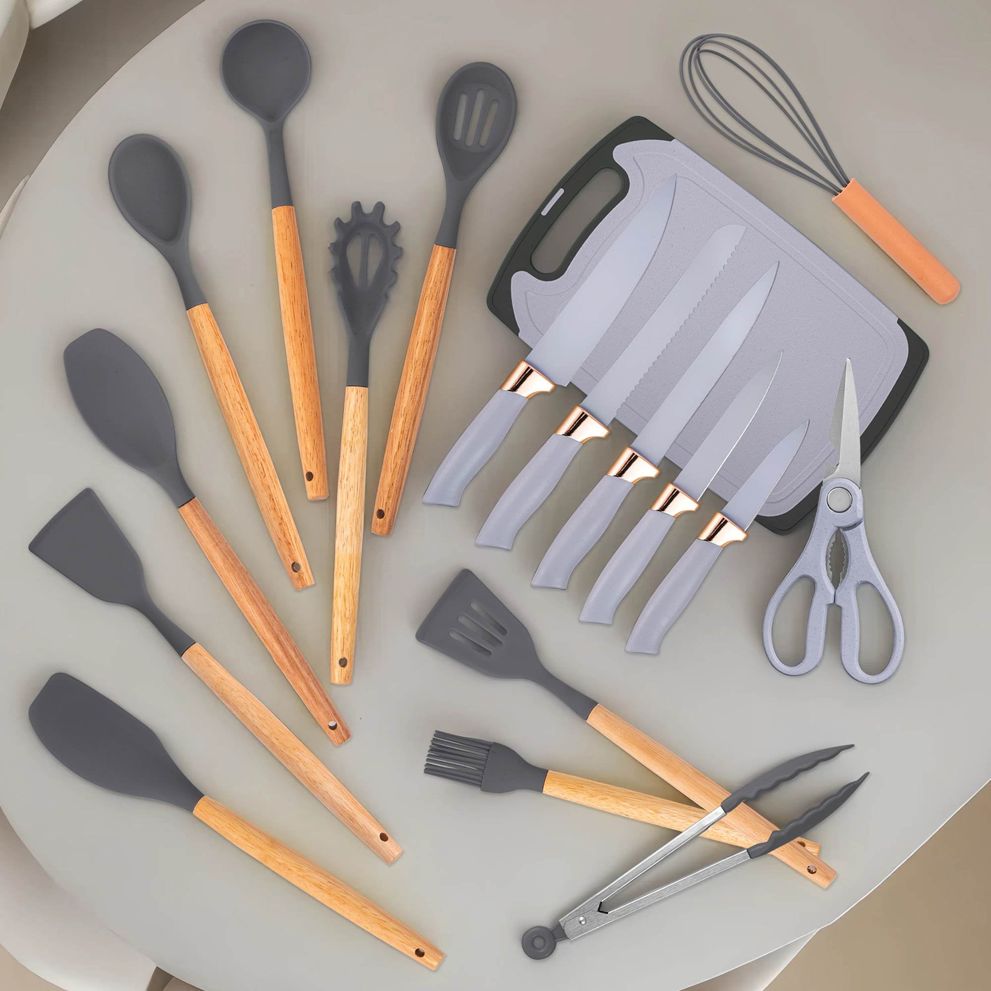 19-Piece Silicone Kitchen Utensil &amp; Knife Set - Heat-Resistant Cooking Tools Non-Stick Safe Gift for Mom or Women Black