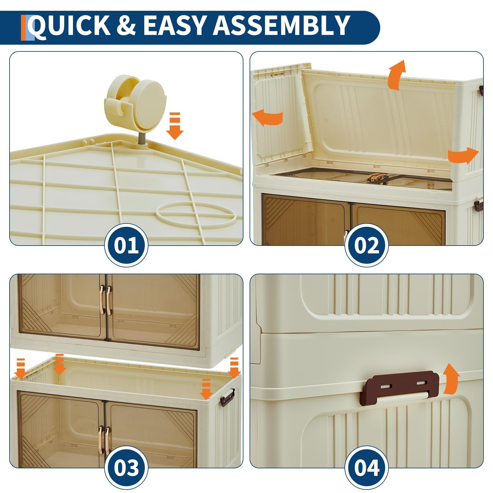 3 Tier Plastic Storage Bins with Lid 48QT, Storage Containers with Wheels, Folding Storage Boxes, with Magnetic Doors for Home,Office, Dorm Room