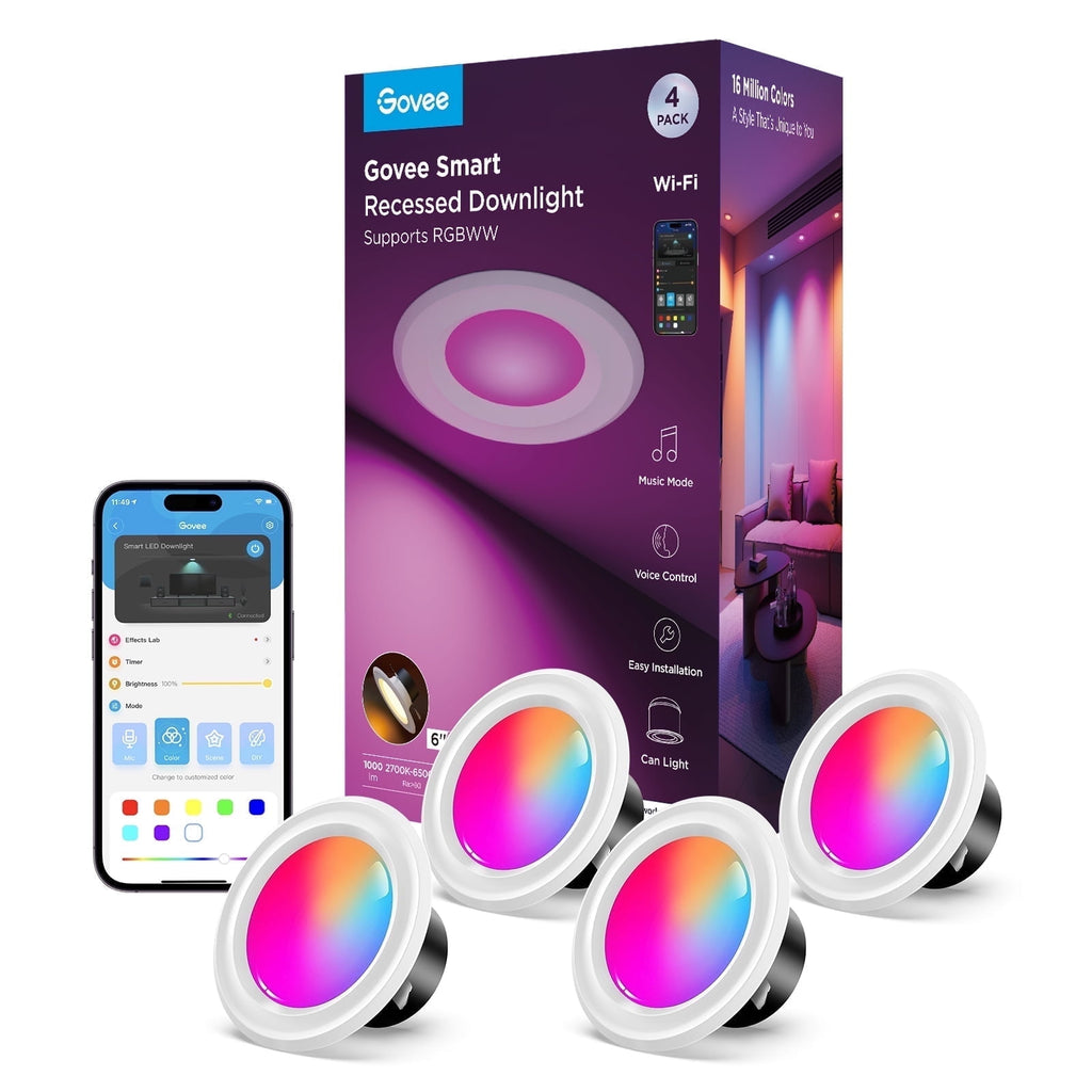 Smart 6'' LED Retrofit Recessed Can Lights for Indoor Living Room, Ceiling Light, Dimmable, Color Changing, LED Light Bulbs, 4 Pack