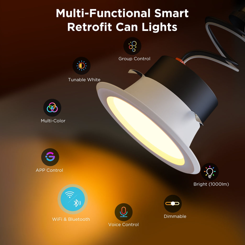 Smart 6'' LED Retrofit Recessed Can Lights for Indoor Living Room, Ceiling Light, Dimmable, Color Changing, LED Light Bulbs, 4 Pack