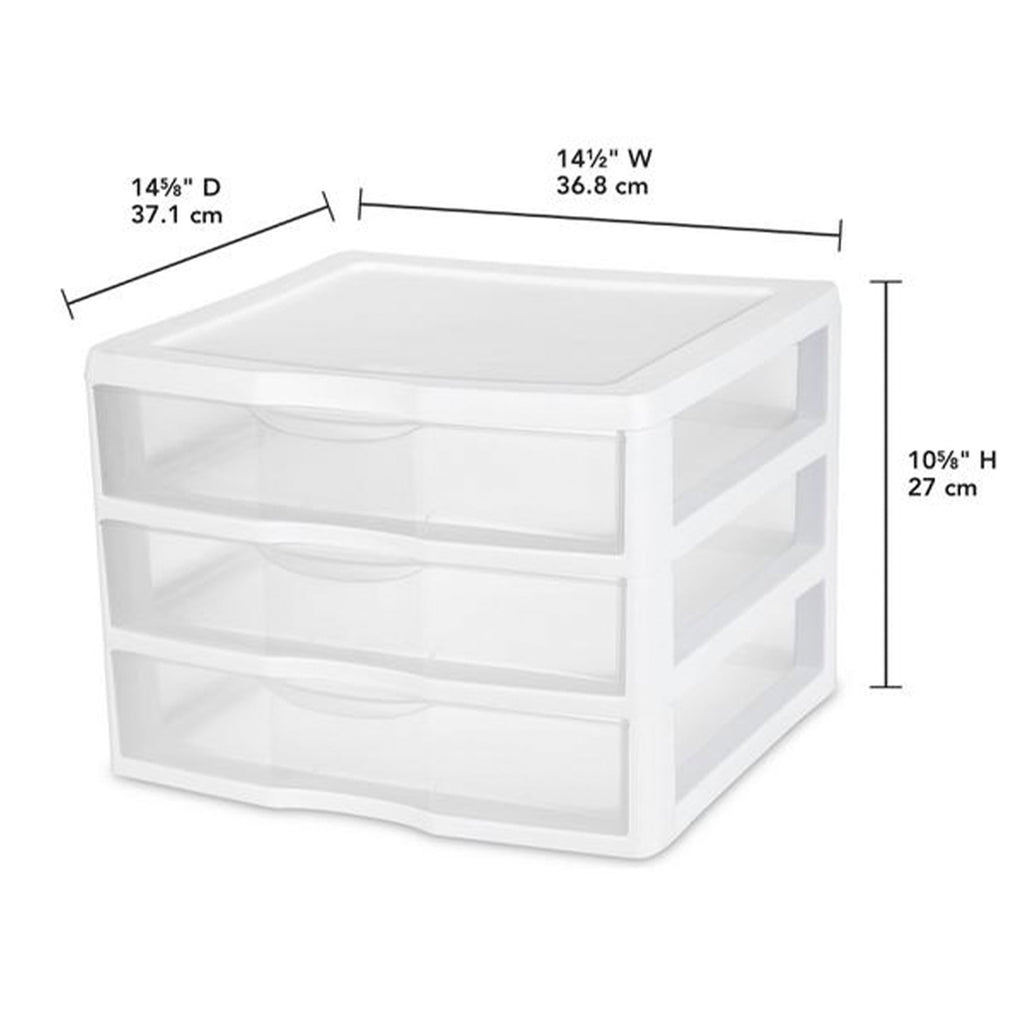 Wide 3 Drawer Unit, Clear Plastic Countertop or Desktop Drawers, White