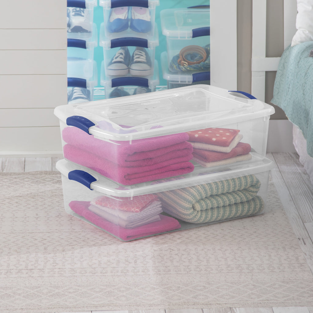 32 Quart Medium Latching Storage Bin, Clear Plastic Storage Container with Latch Lid, Blue