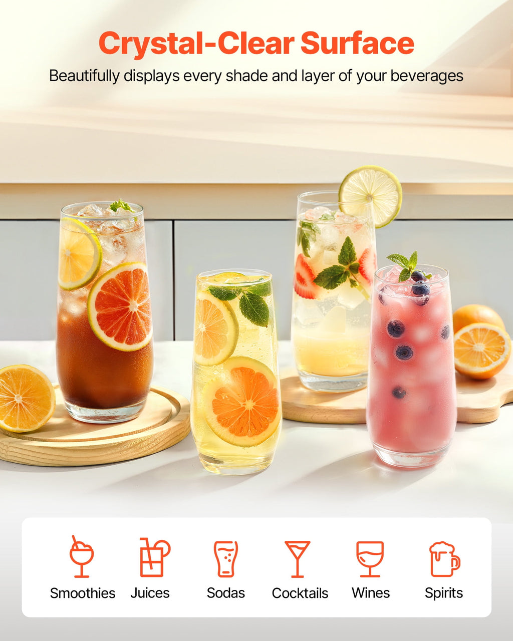 VEVOR Drinking Glasses Set, 16-Piece Crystal Glass Cups, Elegant Mixed Glassware Set, with 8 Pcs 18.26 Oz Highball and 8 Pcs 11.5 Oz Cocktail Drinkware for Kitchen, Beer,Smoothie,Juice,Soda,Wine