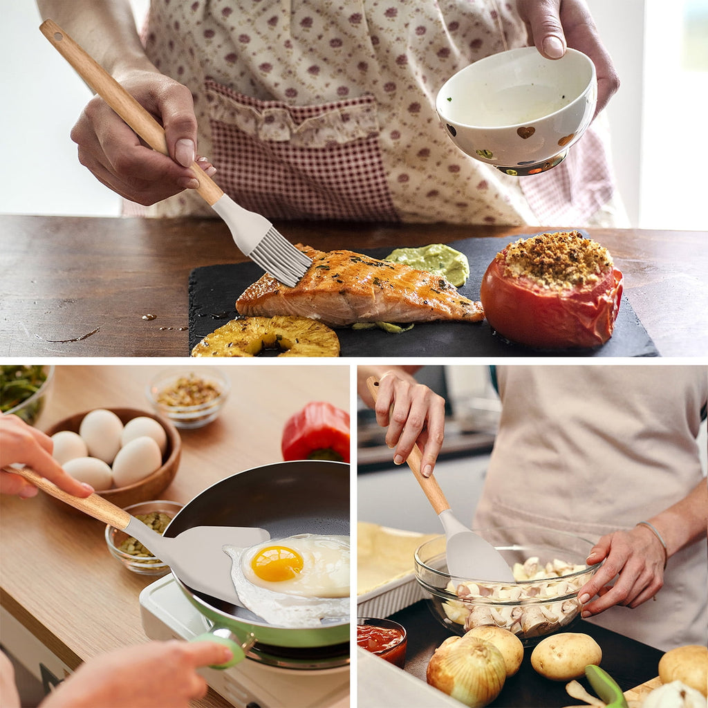12-Piece Silicone Kitchen Cooking Utensils Set with Holder, Wooden Handle Utensils for Cooking, Kitchen Tools Include Spatula Turner Spoons Soup Ladle Tong Whisk, Black
