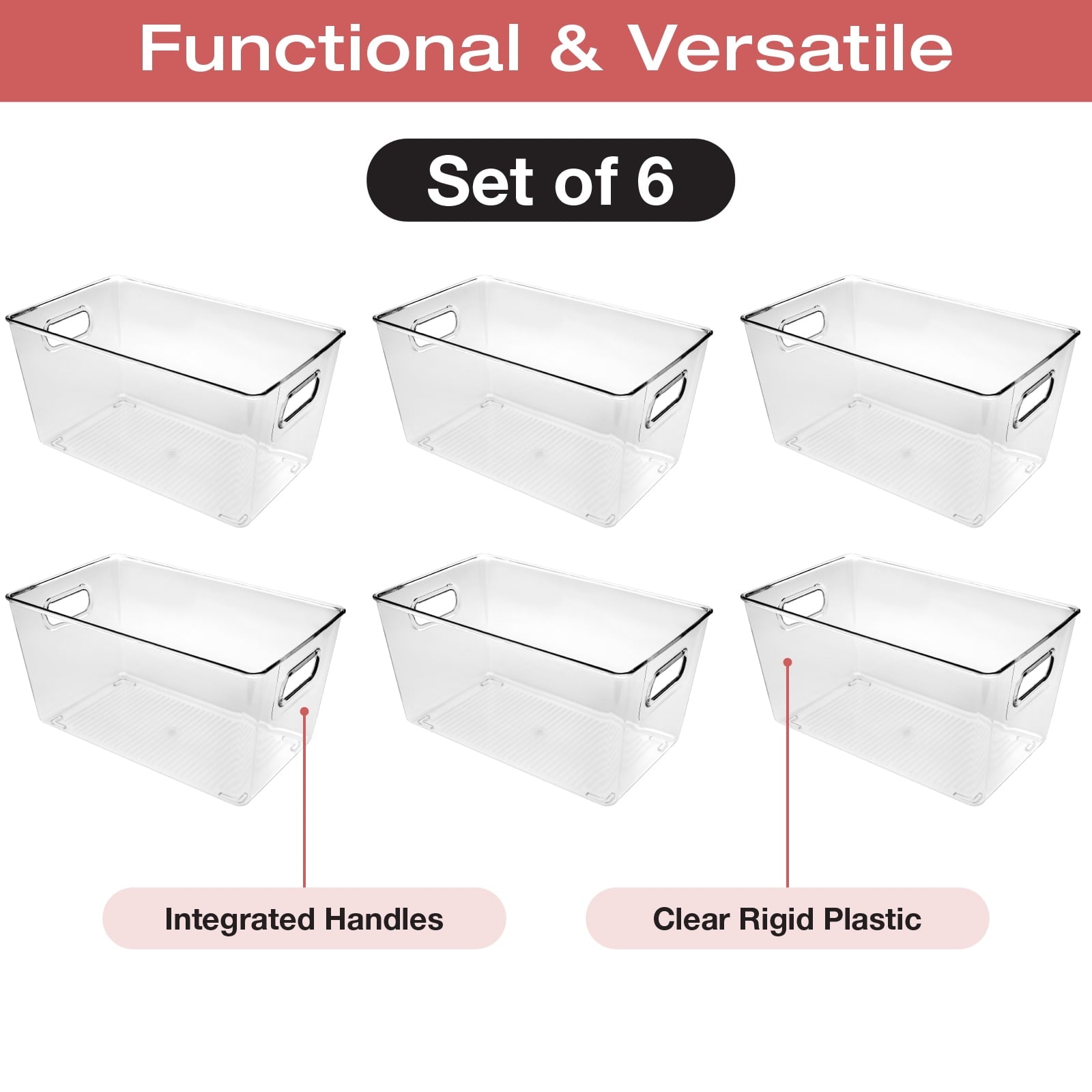 10.12" x 6.02" x 5.31" Rigid Plastic Clear Storage Bins for organizing and storing household goods, food, or Office supplies (Pack of 6) - EGP-HD-0370