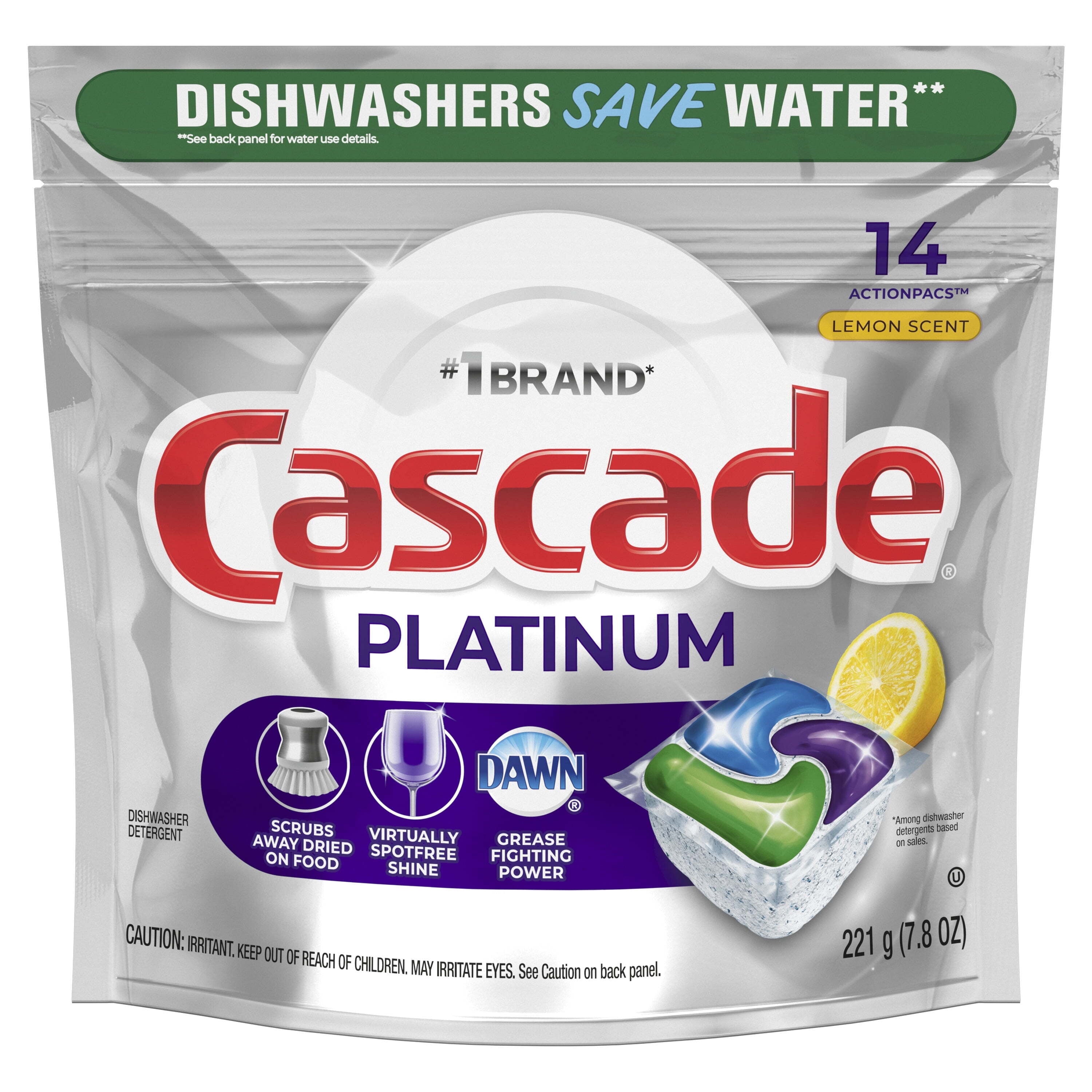 Platinum Dishwasher Pods, Action Pacs Dishwasher Detergent, Dishwasher Tabs, Lemon, 14 Count