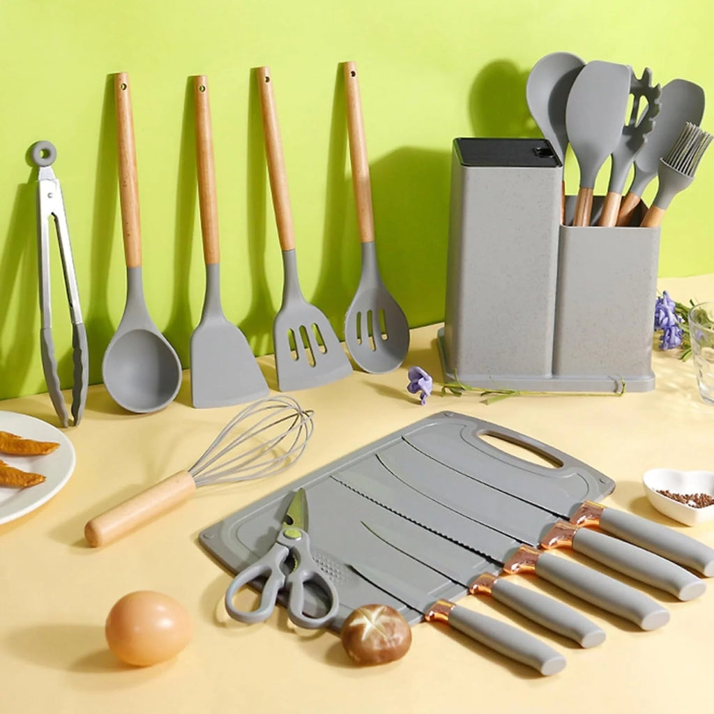 Silicone Cooking Utensils Set, BPA Free Pink Baking Tools Kitchen Knife 19 Pc