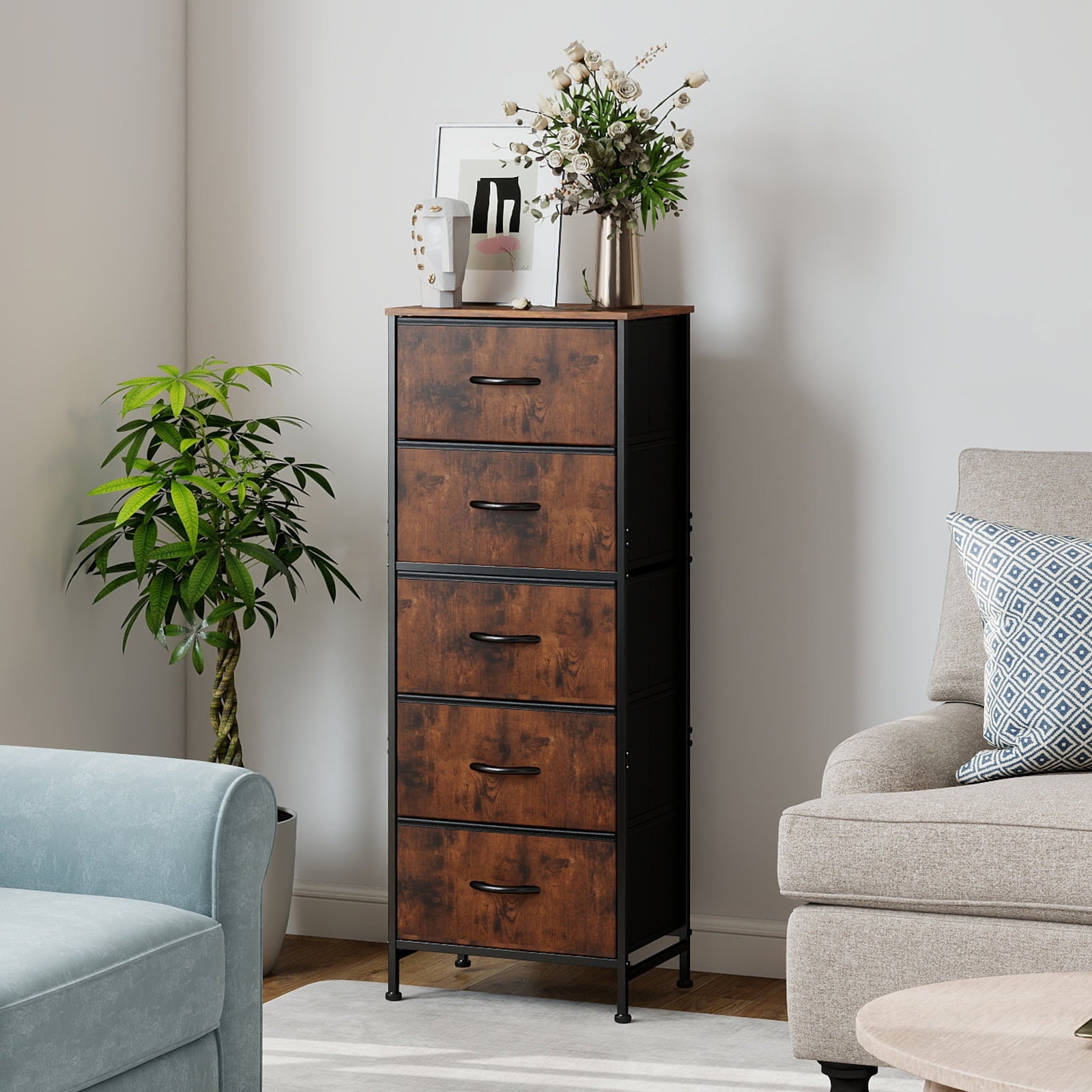5 Fabric Dresser with 5 Storage Drawers, TV Stand with Wooden Top Metal Frame for Clothes, Living Room, Hallway, Entryway, Rust
