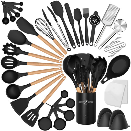 43Pcs Silicone Cooking Utensils Set - 446°F Non-Stick Kitchen Utensils, Kitchen Utensil Gadgets Tools Set for Baking, Cooking, and Mixing, (BPA Free)(Black)