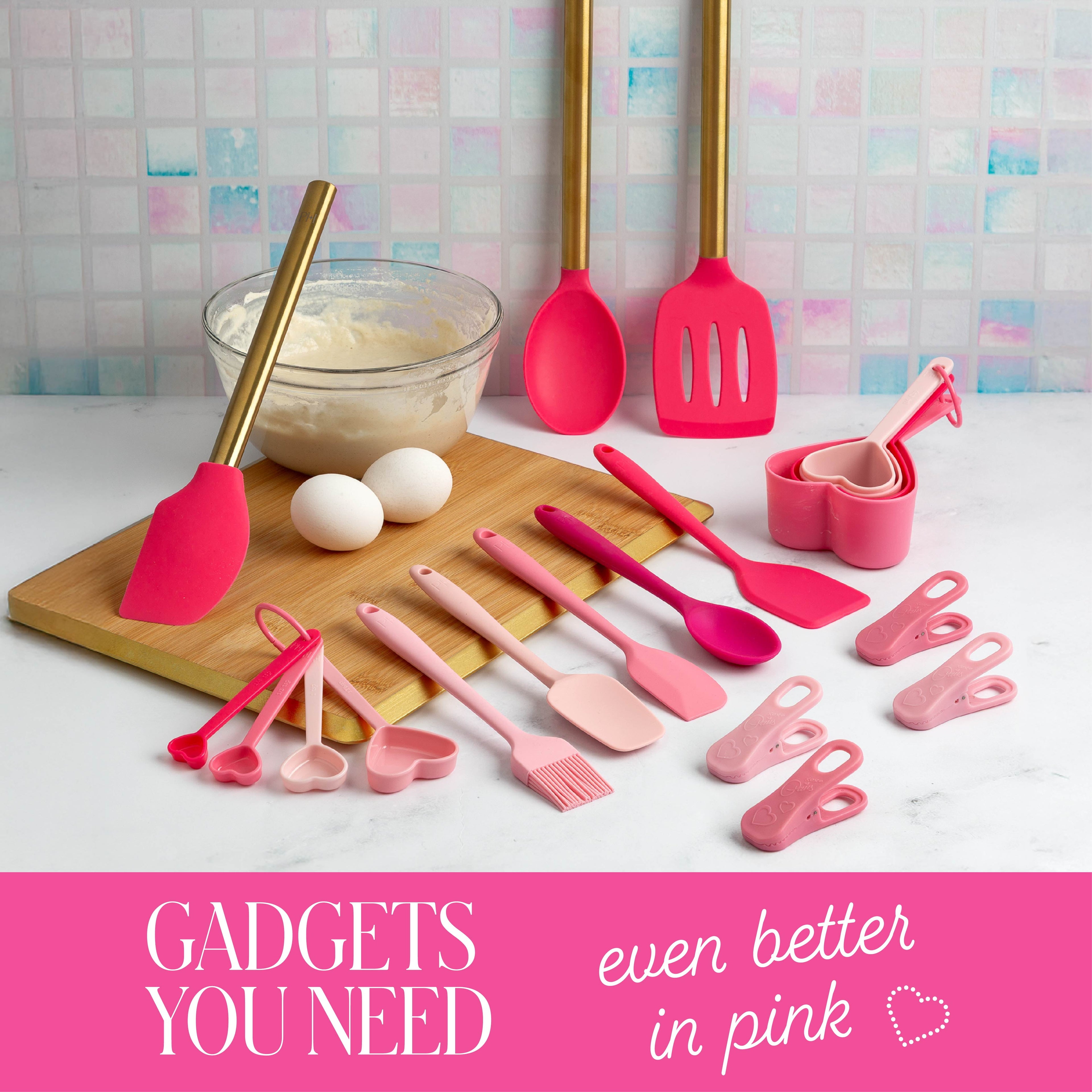20-Piece Kitchen Gadget Set, Heart-Shaped Measuring Cups &amp; Spoons, Silicone Tools &amp; Bag Clips, , Pink
