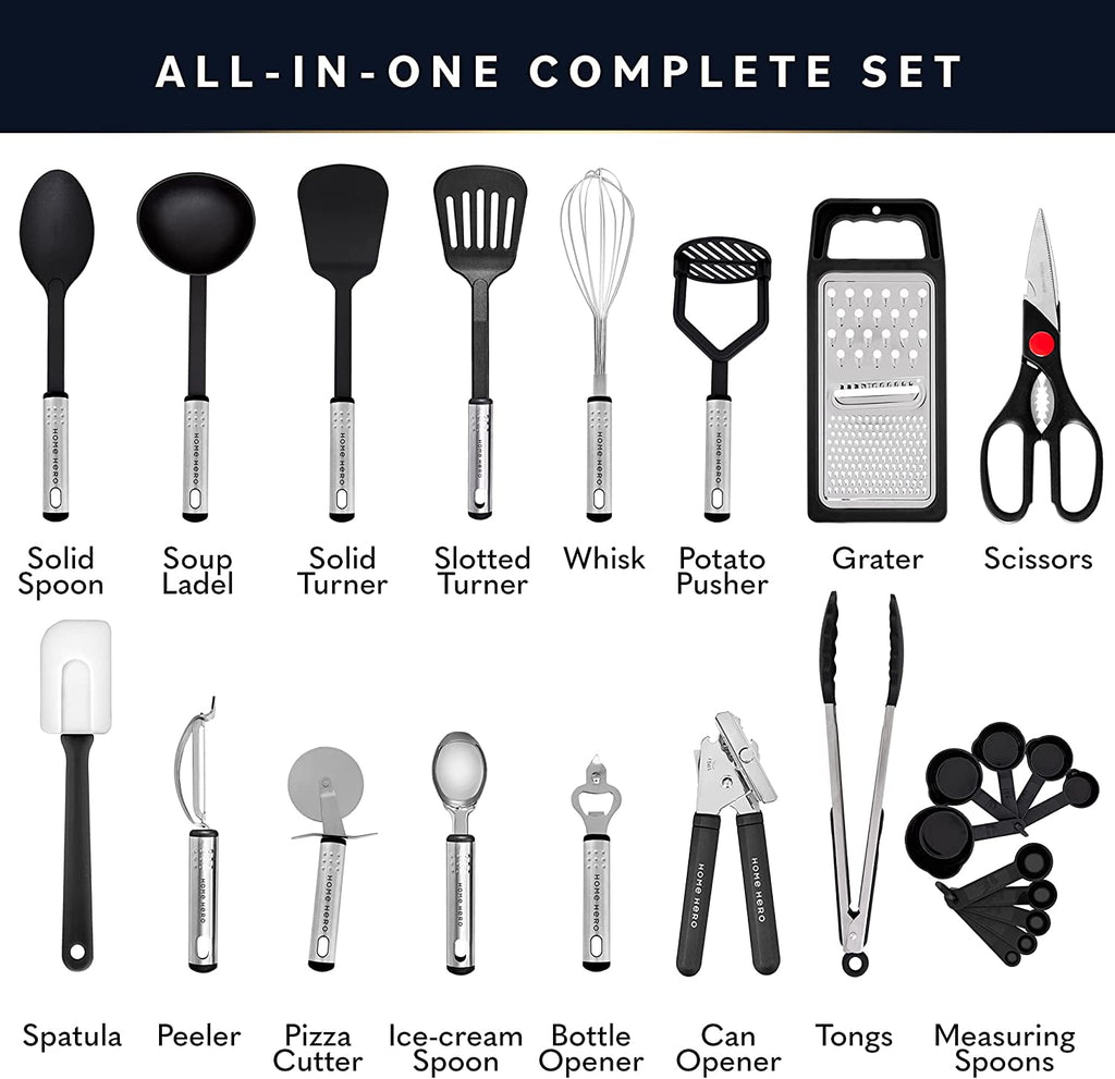 25 Pcs Silicone Spatula Kitchen Utensils Set - Stainless Steel and Nylon, Black