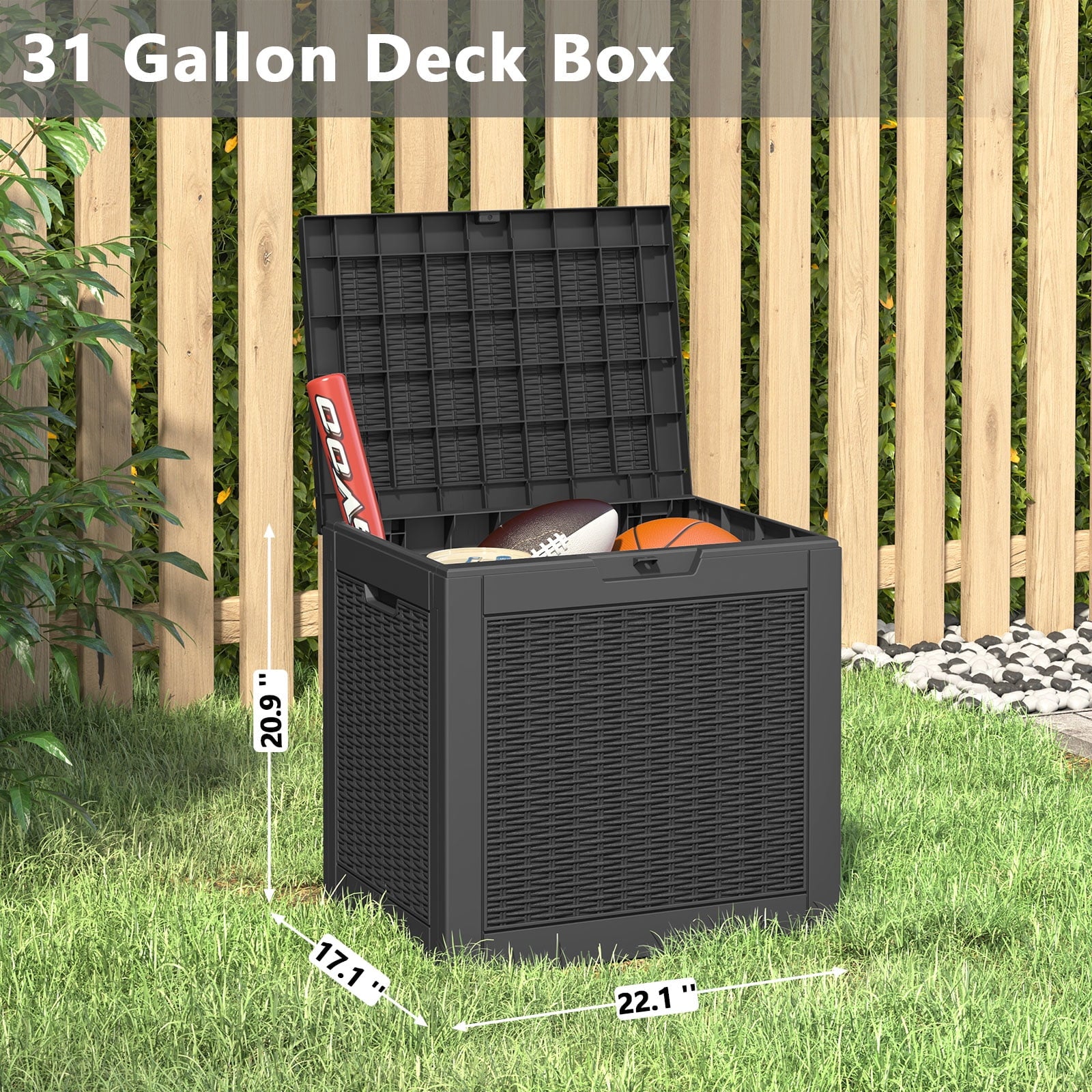 31 Gallon Deck Box, Resin Outdoor Storage Box, and Storage Deck Box for Garden Tools, Supplies, Toys