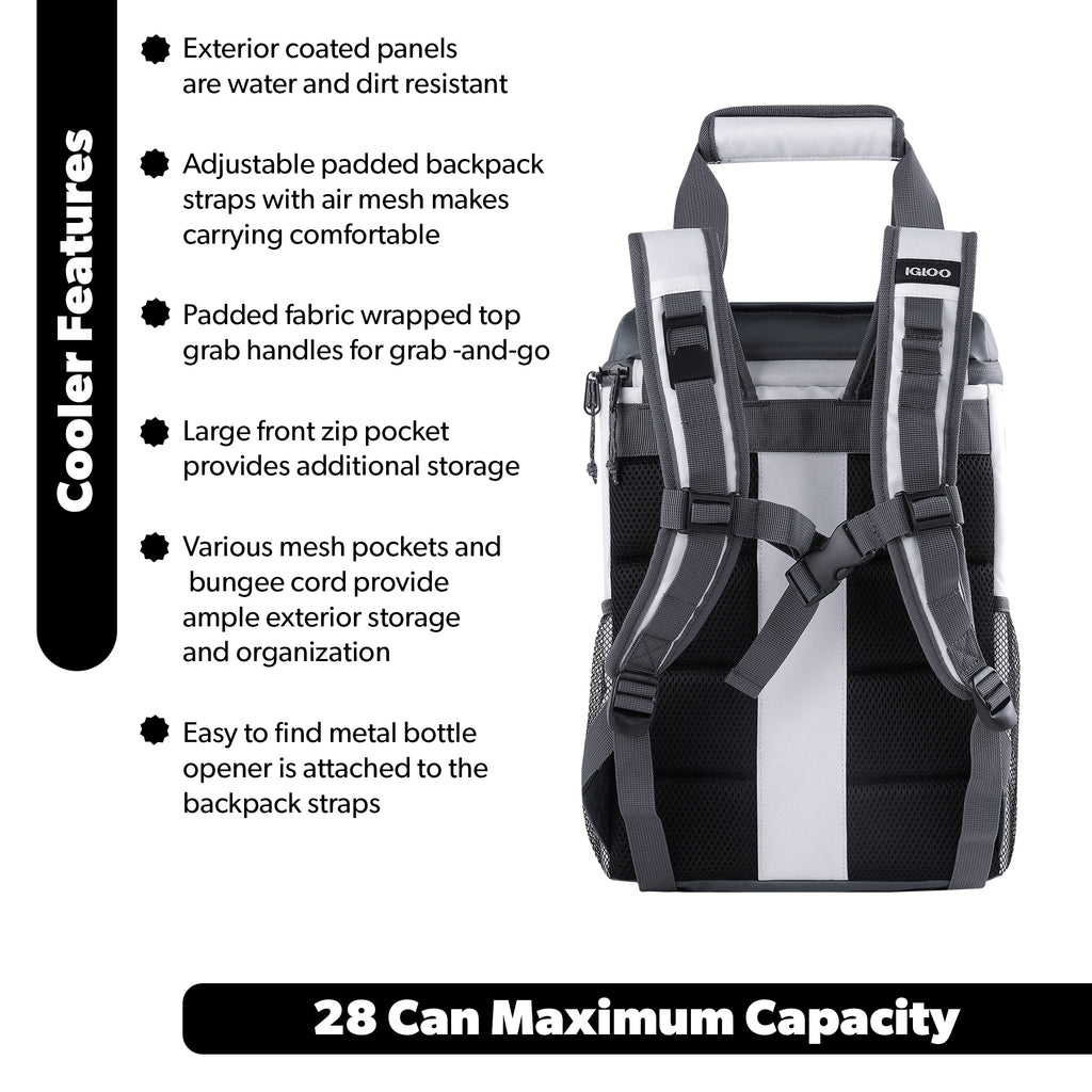 Marine Soft-Side Backpack Cooler, 28 Can Capacity, White and Gray
