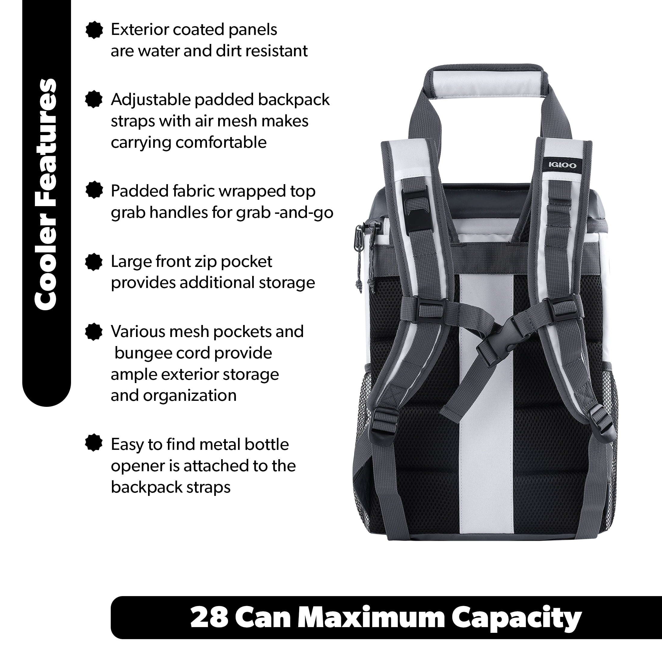 Marine Soft-Side Backpack Cooler, 28 Can Capacity, White and Gray