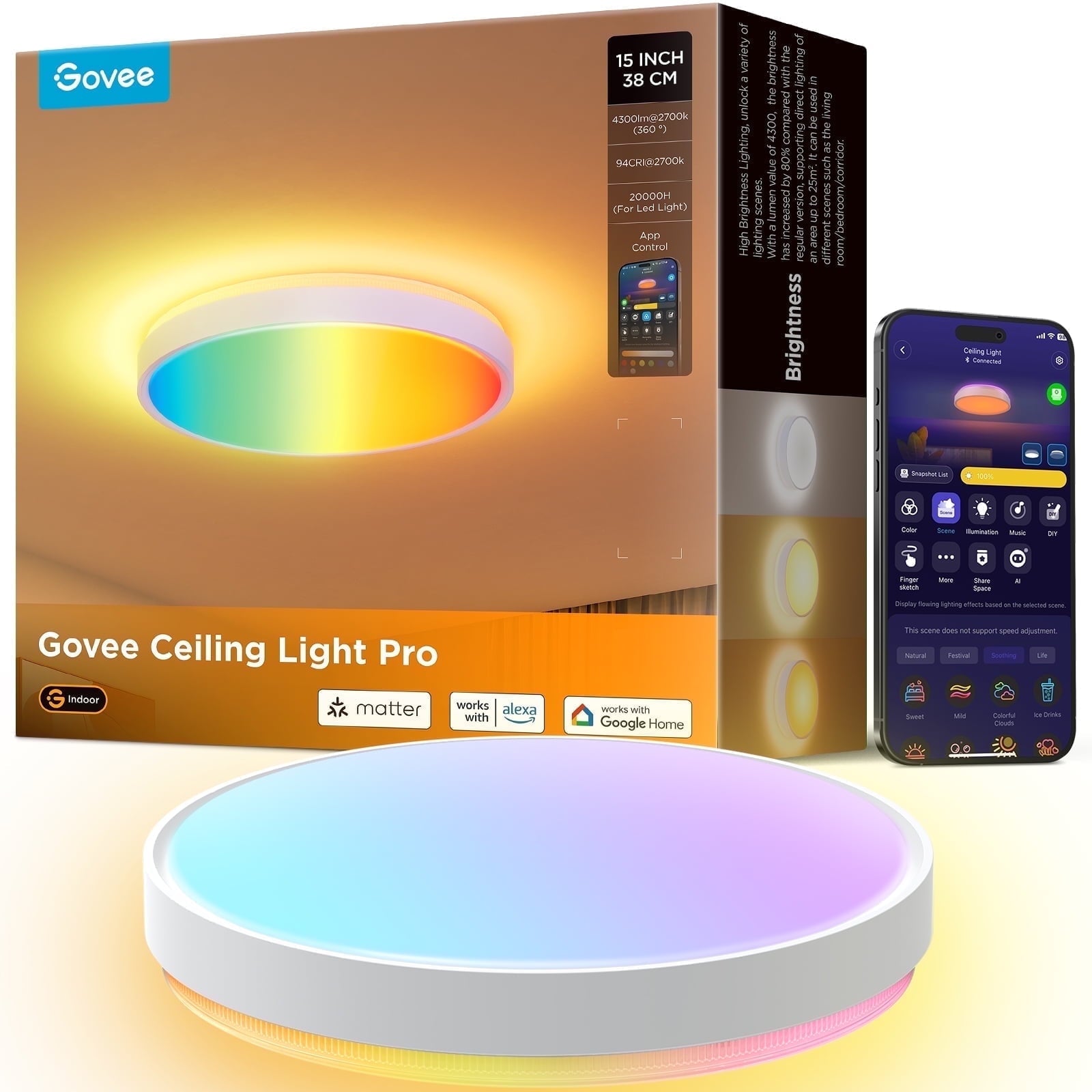 Smart 15inch RGBICWW Ceiling Light Pro, 4300lm Warm White Cool Light Dimable For Kitchen, Colorful Lighting Effect For Bedroom, Living Room,Light Change With Music For Party