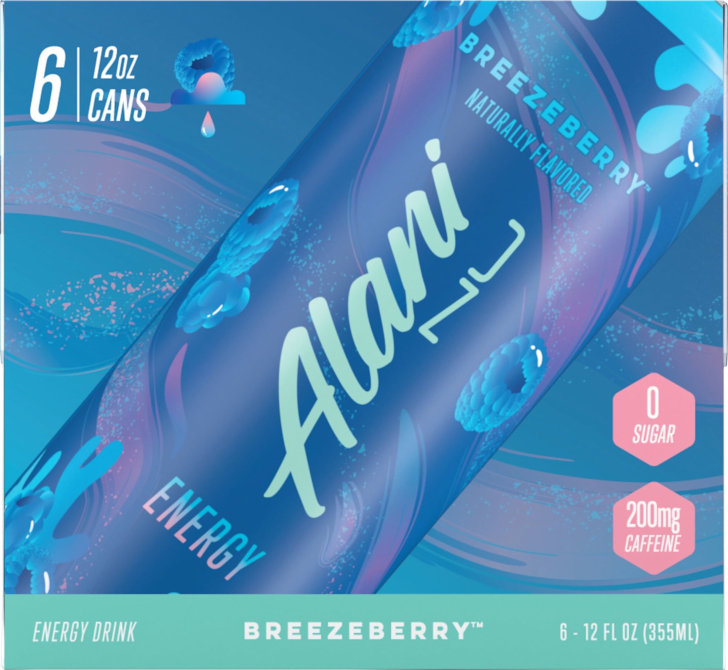 Sugar Free Energy Drink, Breezeberry, 12 fl oz, 6 Pack, Cans, 200mg Caffeine