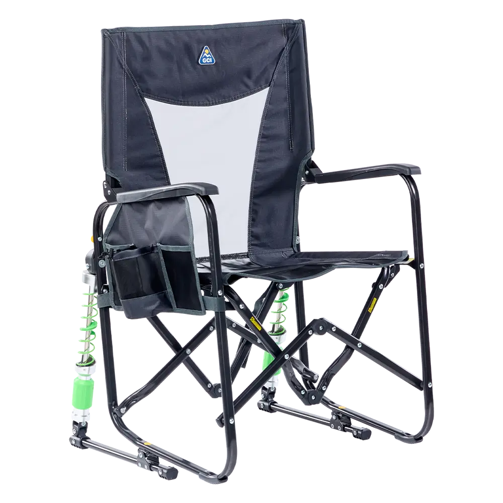 Front right view of the Heathered Charcoal Stowaway Rocker. 