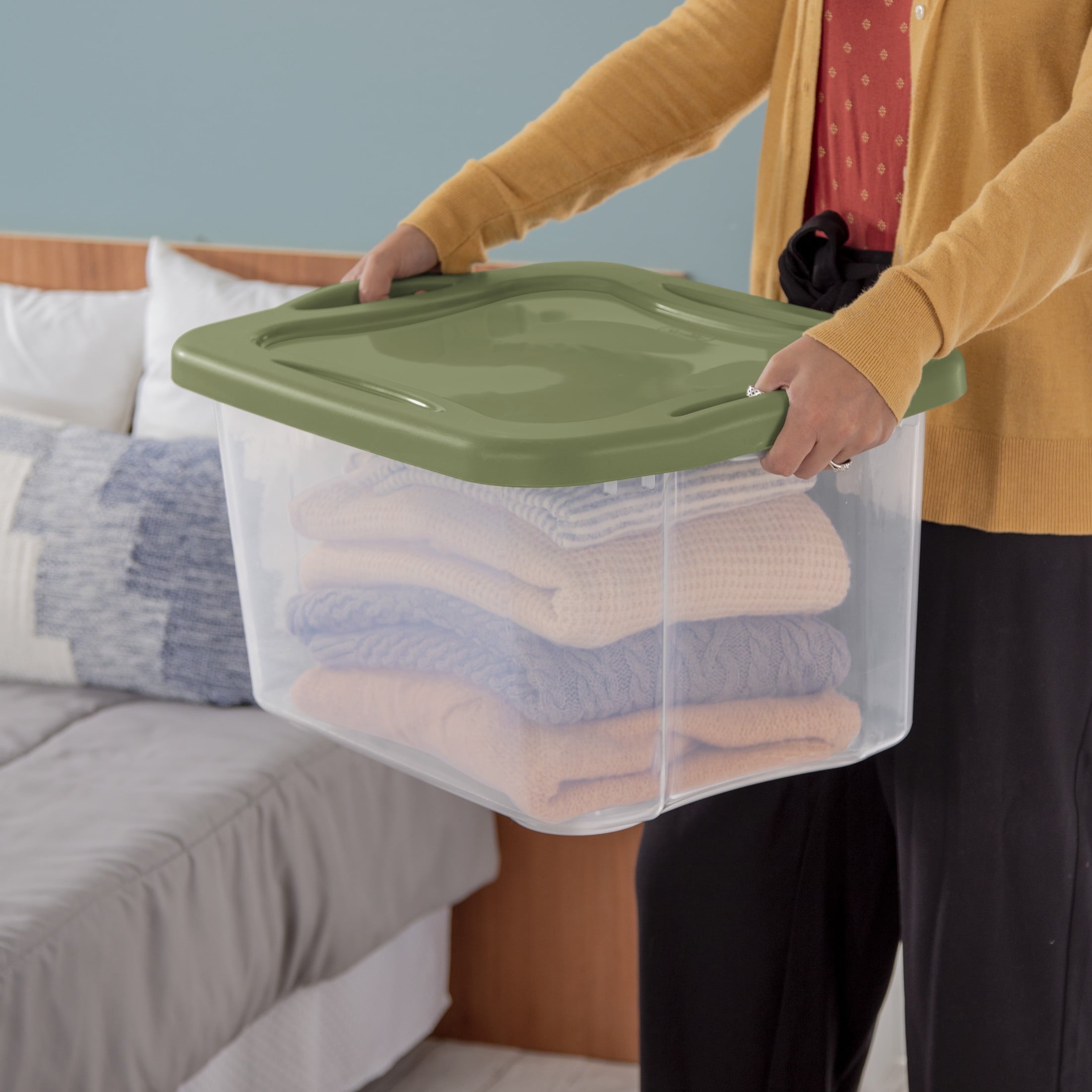 EZ Carry 40 Quart Medium Storage Bin, Clear Plastic Storage Container with Full-Grip Handles, Green