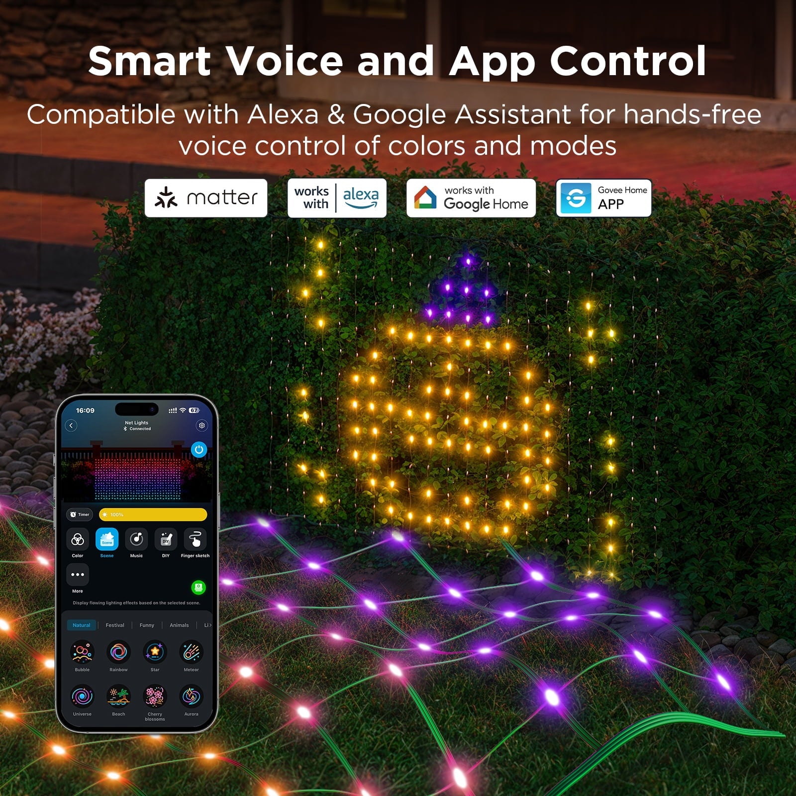 LED Net Lights for Bushes, 2.8ft × 9.5ft, Animated Chirstmas Decorations, RGBIC Colorful Light Changing Effect, App &amp; Voice Control