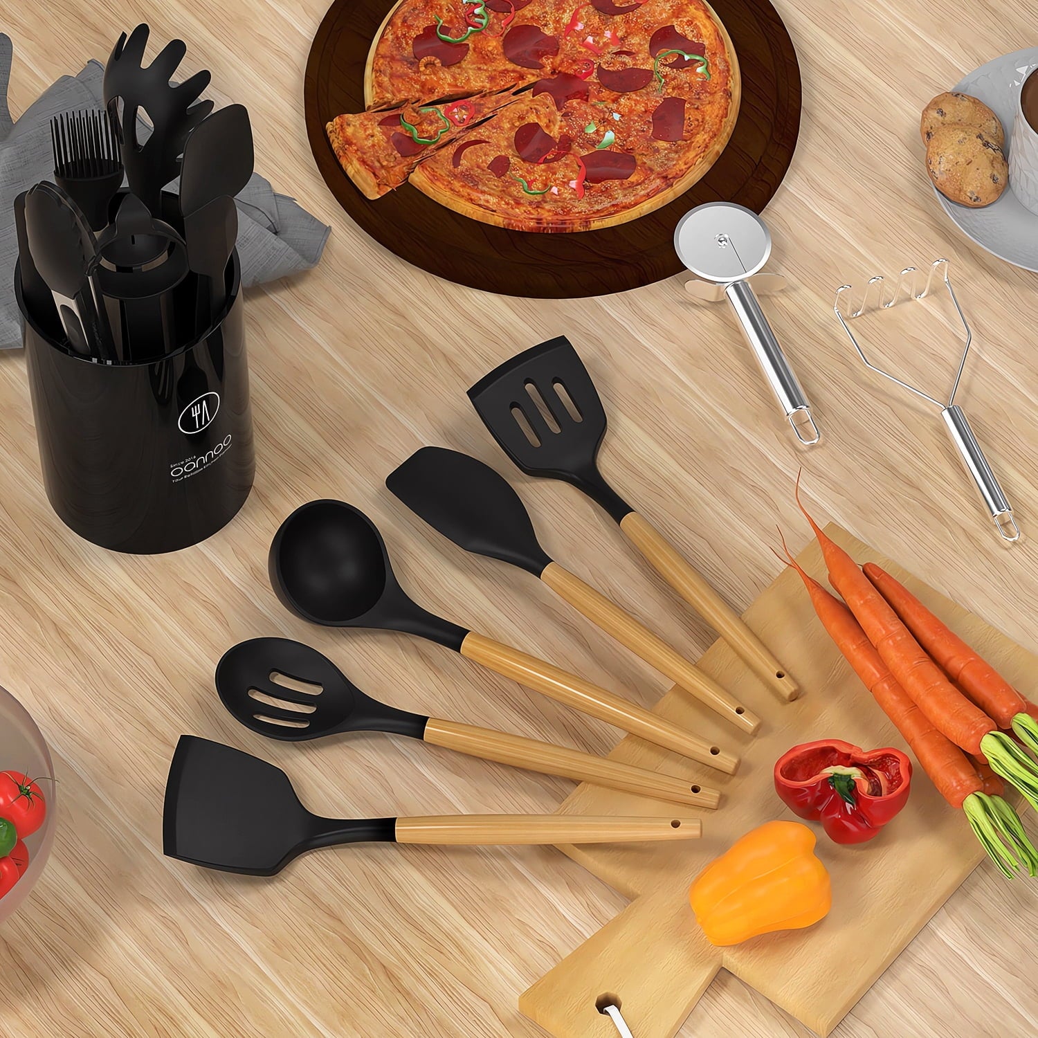 Kitchen Cooking Utensils Set, 33 pcs Non-stick Silicone Cooking Kitchen Utensils Spatula Set with Holder, Wooden Handle Silicone Kitchen Gadgets Utensil Set (Cream White)
