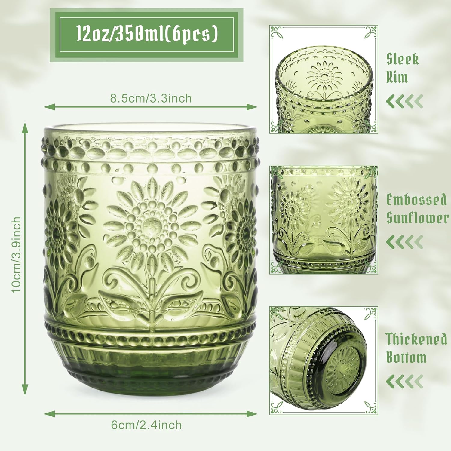 Vintage Drinking Glass Set of 4,12 oz Embossed Floral Drinkware Set,Green Drinking Glasses Cups Wine Glasses Colored Glassware for Whisky,Beer,Juice,Cocktail,Heavy Duty