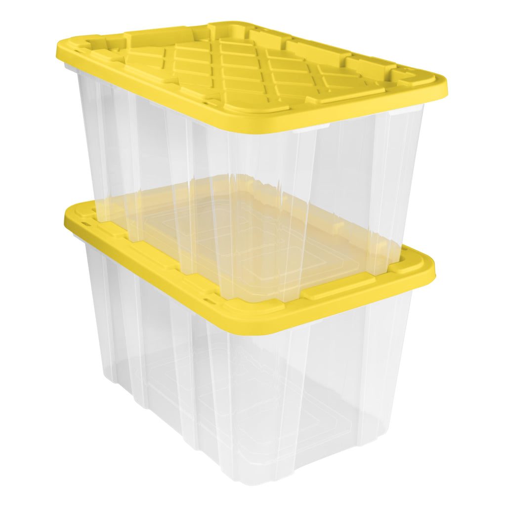 Large Storage Bin, 27 Gallon Plastic Storage Tote with Snap-On Lid, Black and Yellow, 6 Pack