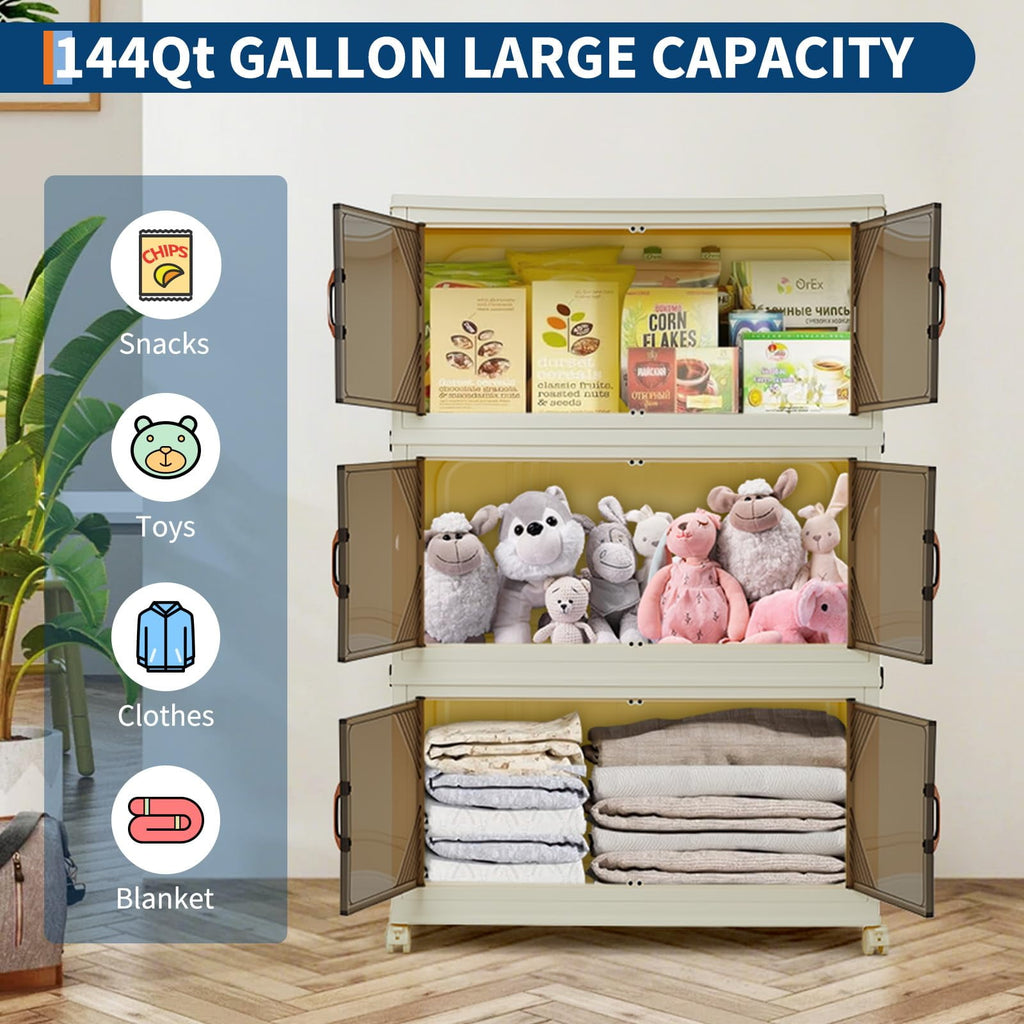 3 Tier Plastic Storage Bins with Lid 48QT, Storage Containers with Wheels, Folding Storage Boxes, with Magnetic Doors for Home,Office, Dorm Room