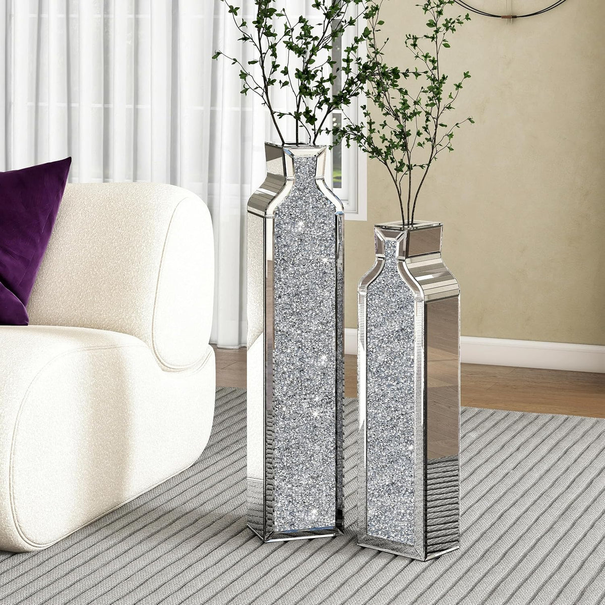 Floor vase crushing diamond reflective vase - Silver floor-style vase set (2-piece) - 24-inch and 30-inch large crystal goblet vases, suitable for living rooms, dining rooms, bedrooms, home corners, corridors, indoor offices and floors.