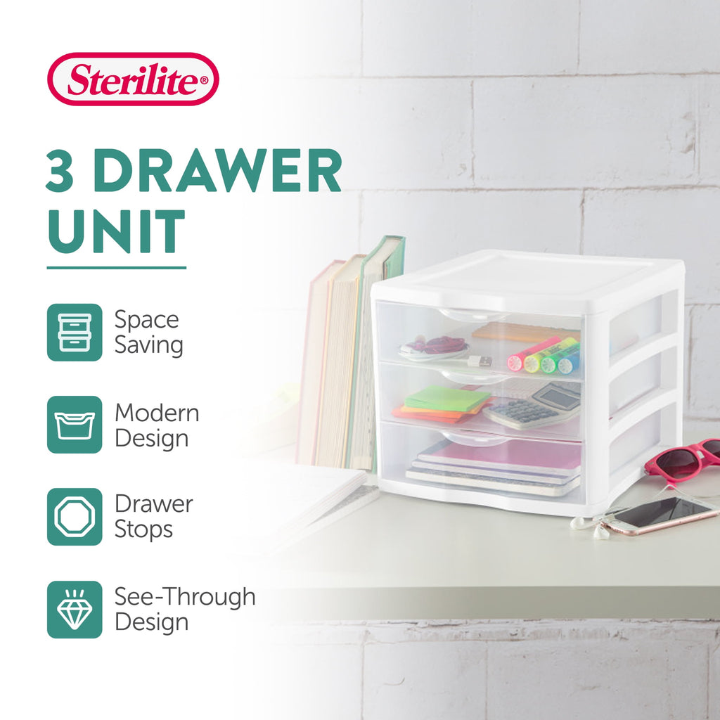 3 Drawer Unit, Clear Plastic Countertop or Desktop Storage Drawers, White