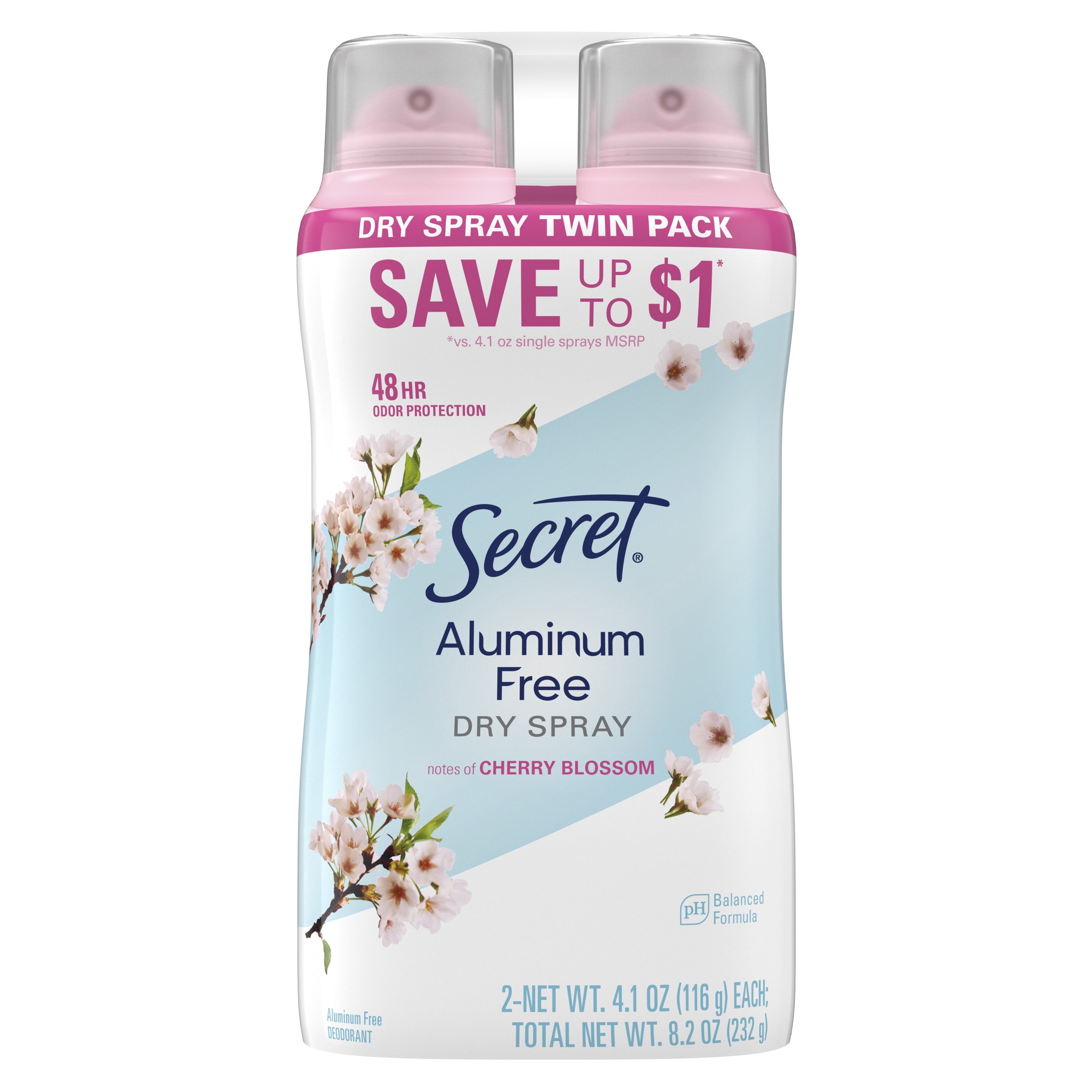(6 pack) Secret Dry Spray Aluminum Free Deodorant for Women, Cherry Blossom, 4.1oz, Pack of 2