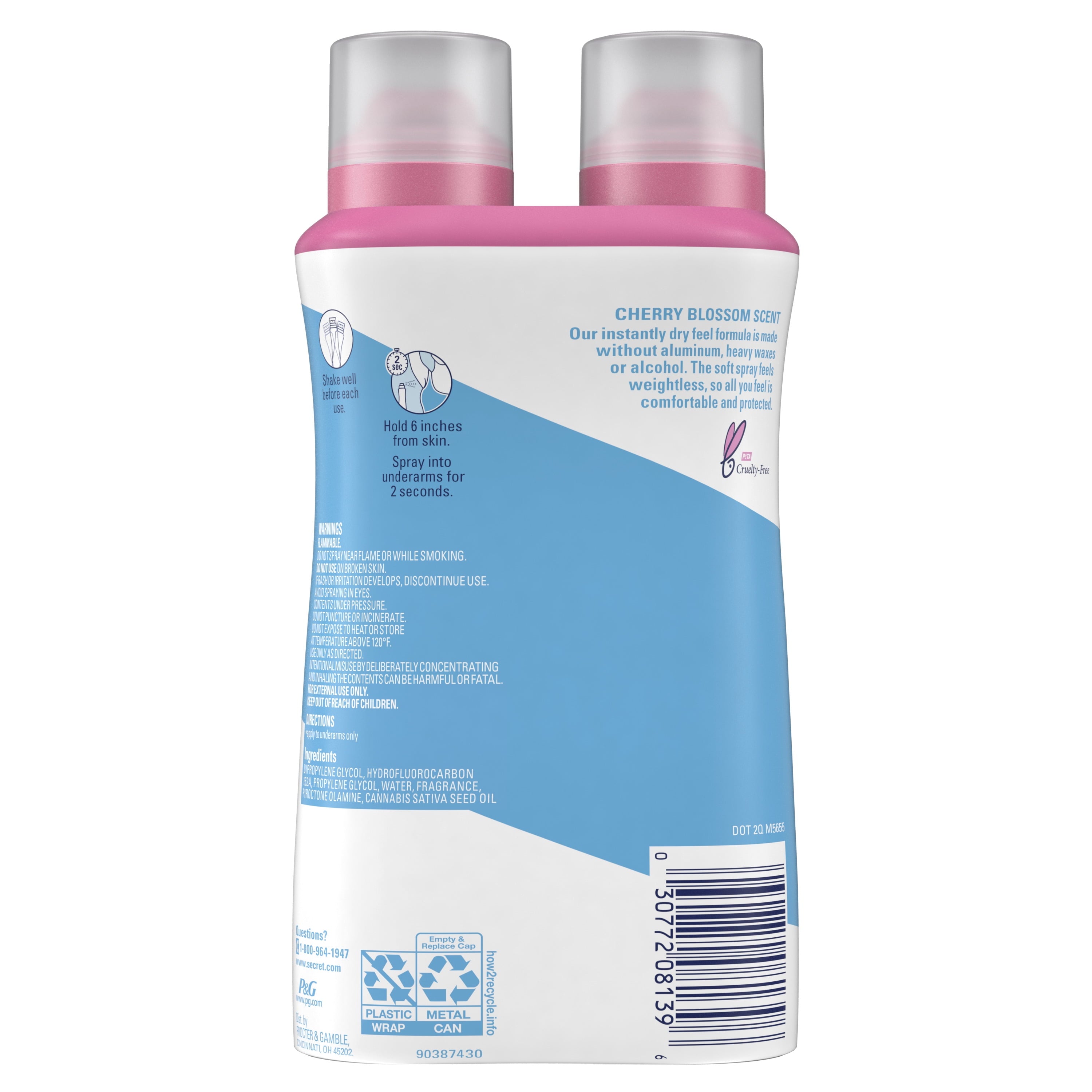 (6 pack) Secret Dry Spray Aluminum Free Deodorant for Women, Cherry Blossom, 4.1oz, Pack of 2