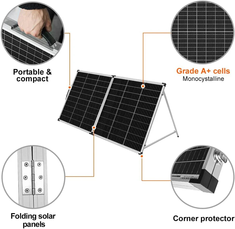 Foldable solar panel - 18-volt monocrystalline silicon type, portable foldable solar suitcase, equipped with a controller, used to charge 12-volt batteries (all lead-acid types: ventilated AGM gel): suitable for RV camping, sailing (200 watts)
