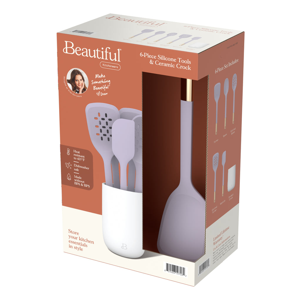 6-Piece Silicone Tool Set with Ceramic Crock, Porcini Taupe by Drew Barrymore