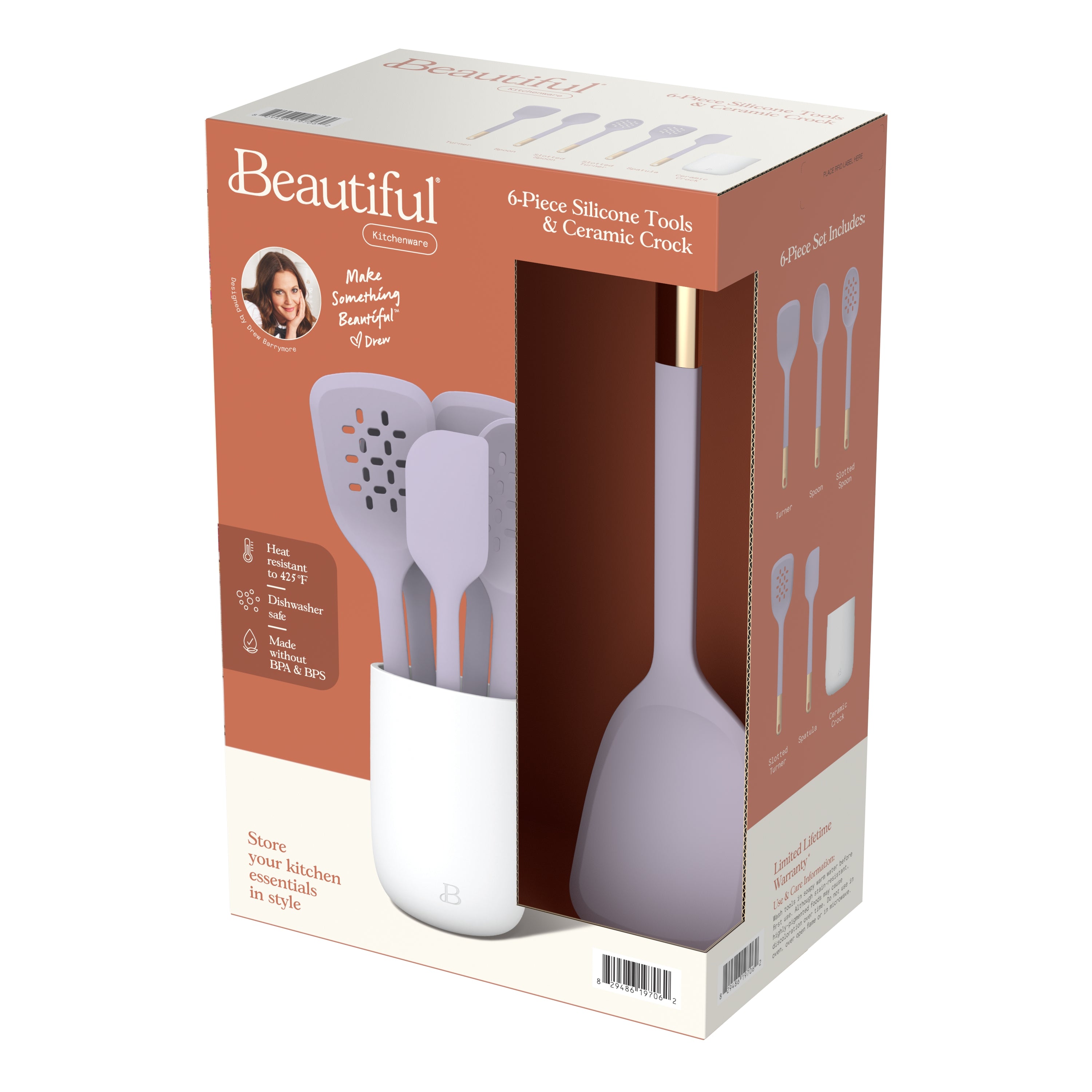6-Piece Silicone Tool Set with Ceramic Crock, Porcini Taupe by Drew Barrymore