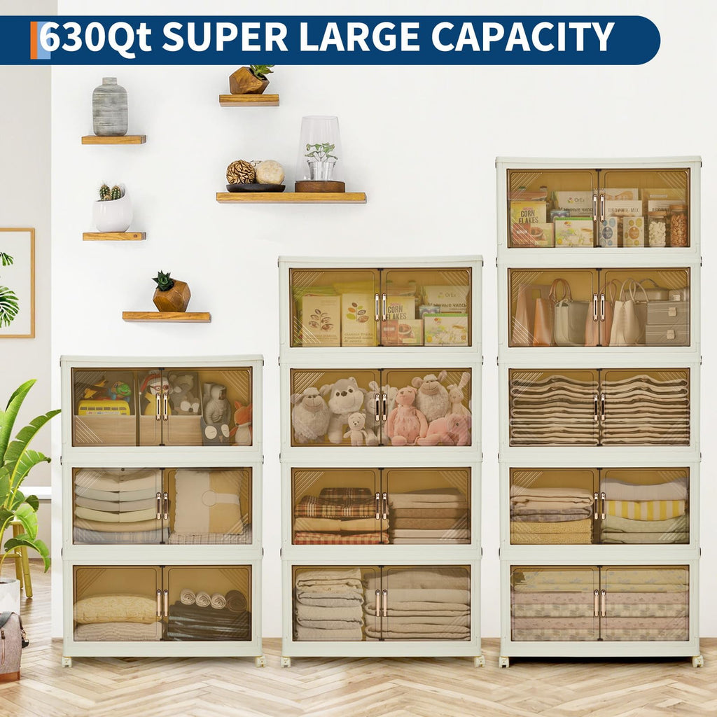 3 Tier Plastic Storage Bins with Lid 48QT, Storage Containers with Wheels, Folding Storage Boxes, with Magnetic Doors for Home,Office, Dorm Room