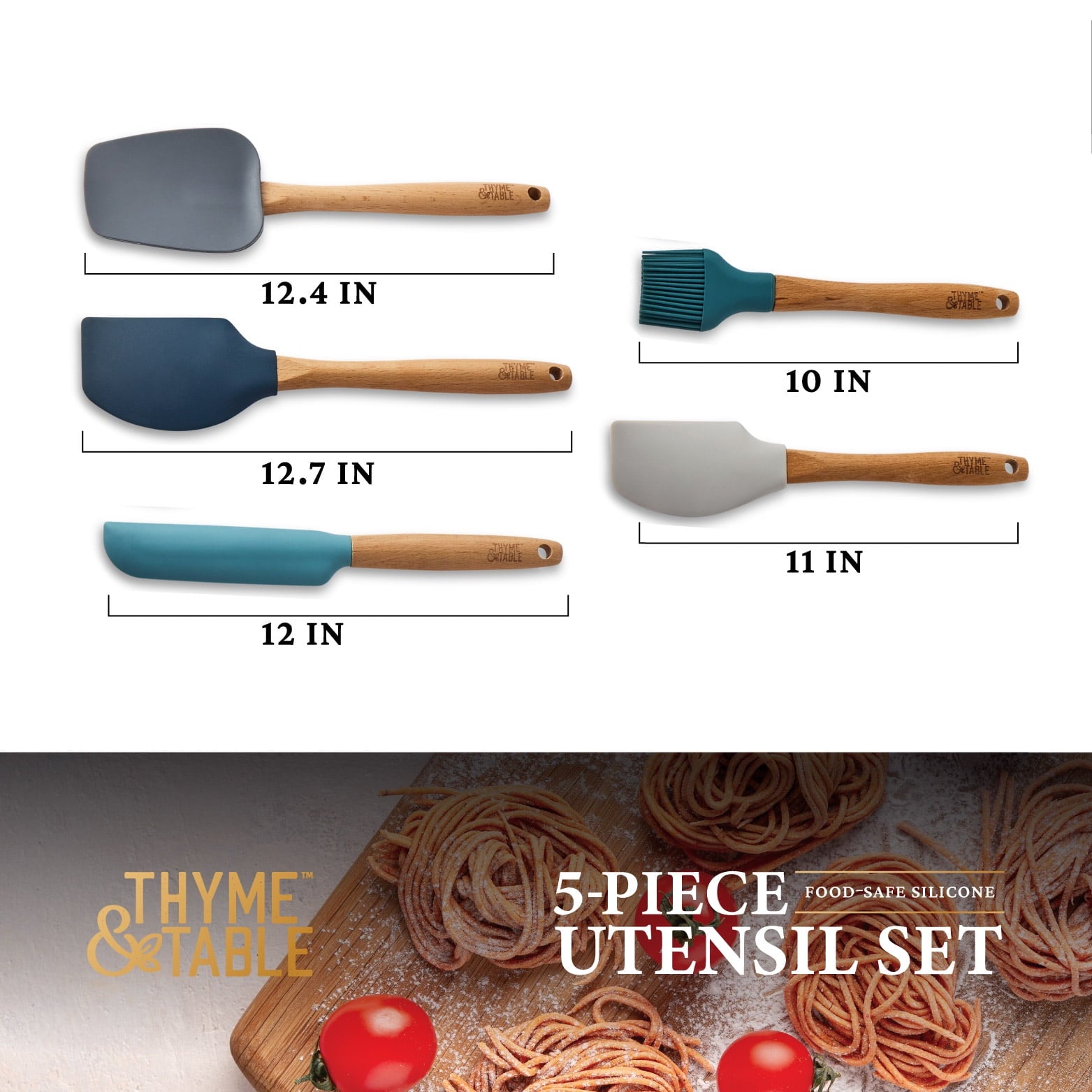 Thyme &amp; Table 5-Piece Silicone Kitchen Utensil Set with Beechwood Handles