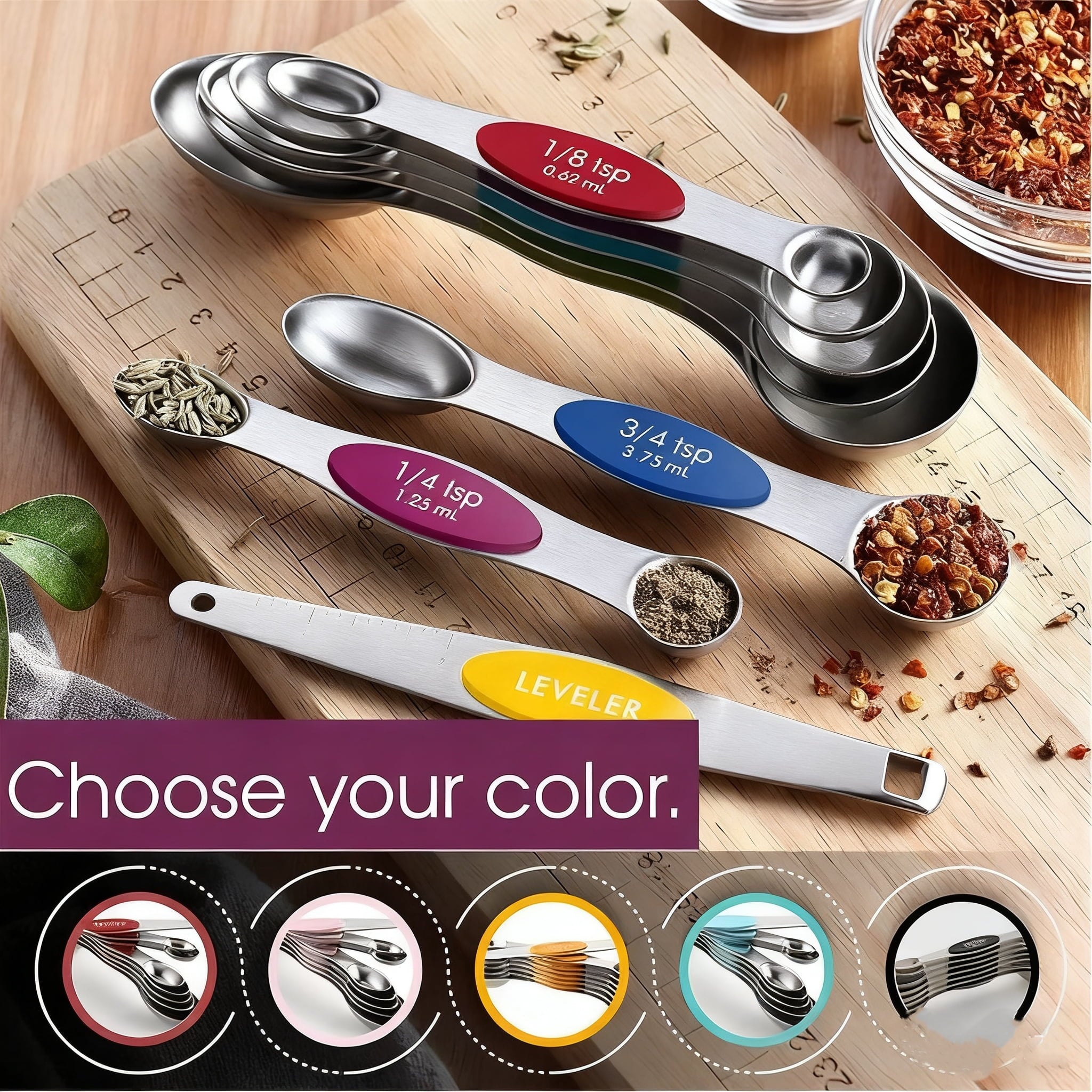 17-Piece Magnetic Stainless Steel Measuring Cups and Spoons Set with Silicone Handles, Kitchen Measuring Tools for Cooking, Baking