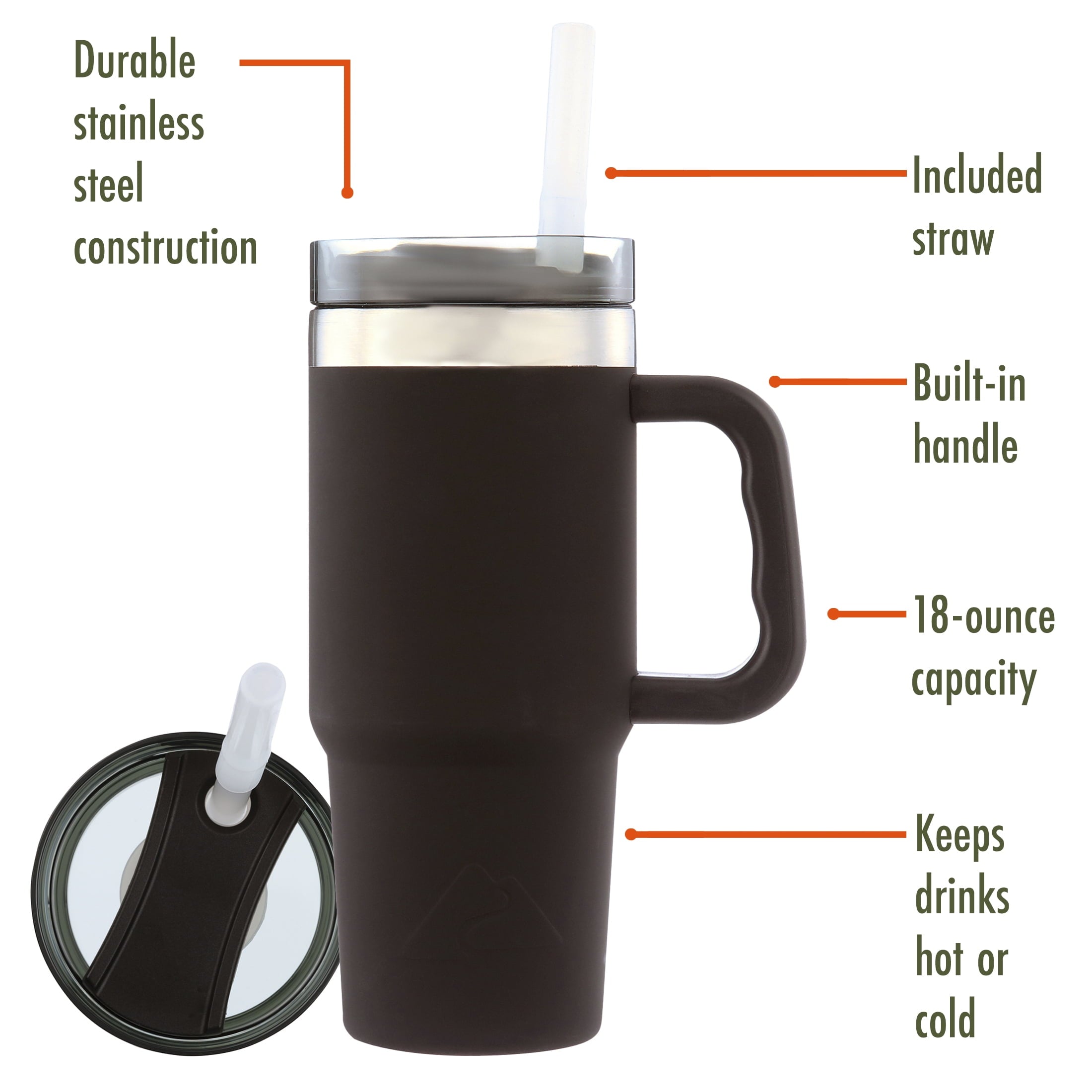 Ozark Trail 18 oz Stainless Steel Insulated Tumbler with Handle, Black
