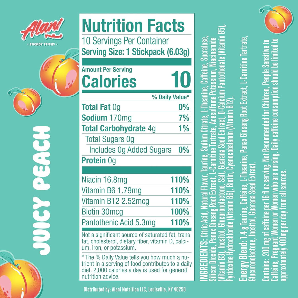 Energy Sticks, Juicy Peach, 10 Count, 200mg Caffeine, Zero Sugar