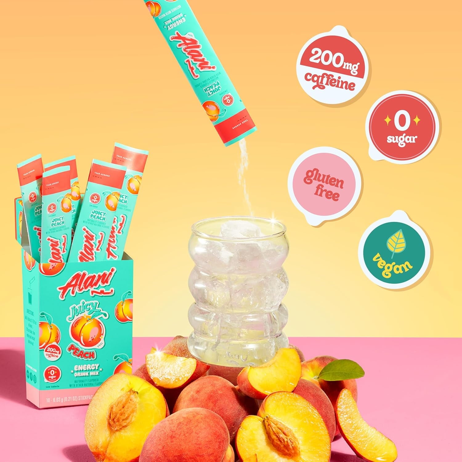 Energy Sticks, Juicy Peach, 10 Count, 200mg Caffeine, Zero Sugar